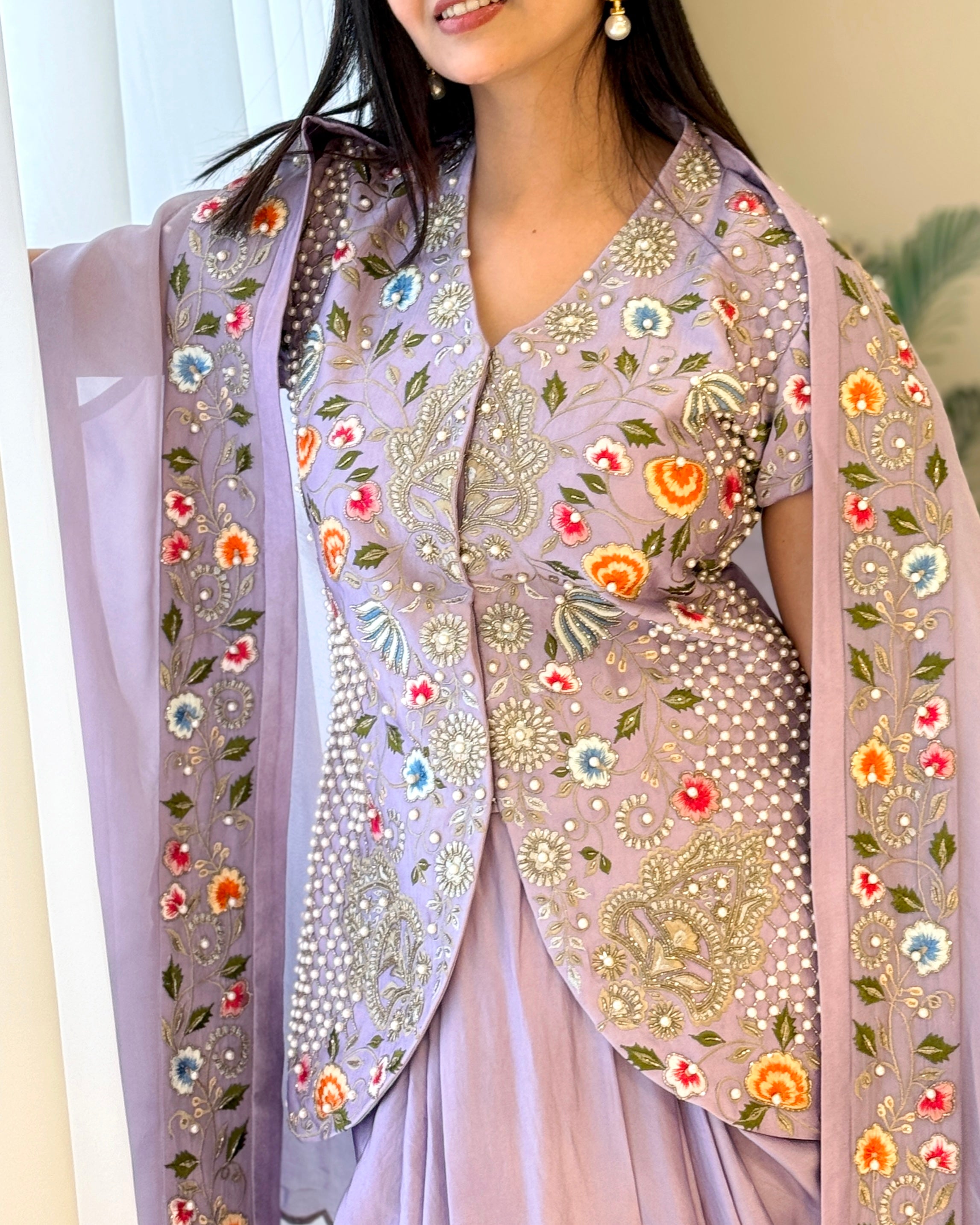 Lavender Embroidered Short Top & Dhoti Set with Cape
