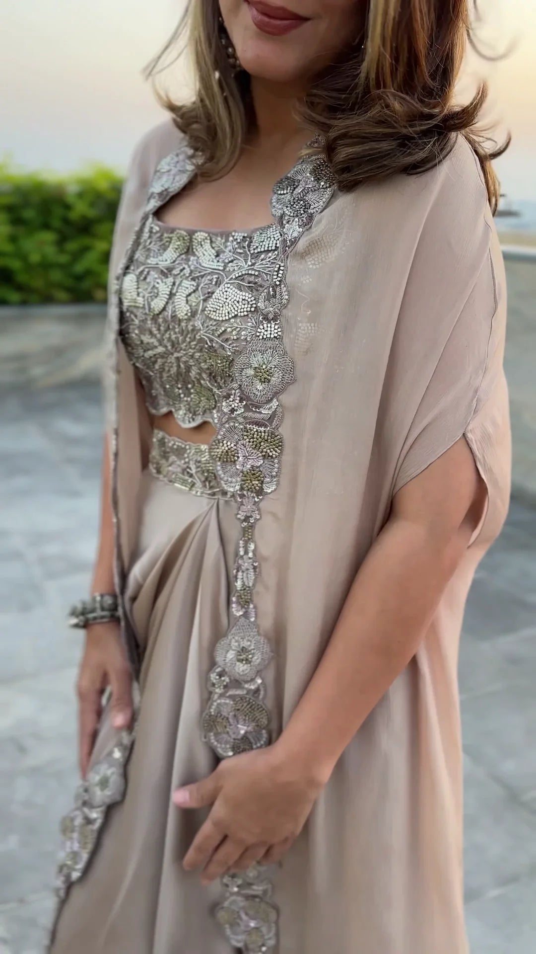 Champagne Gold Embroidered Draped Skirt Set