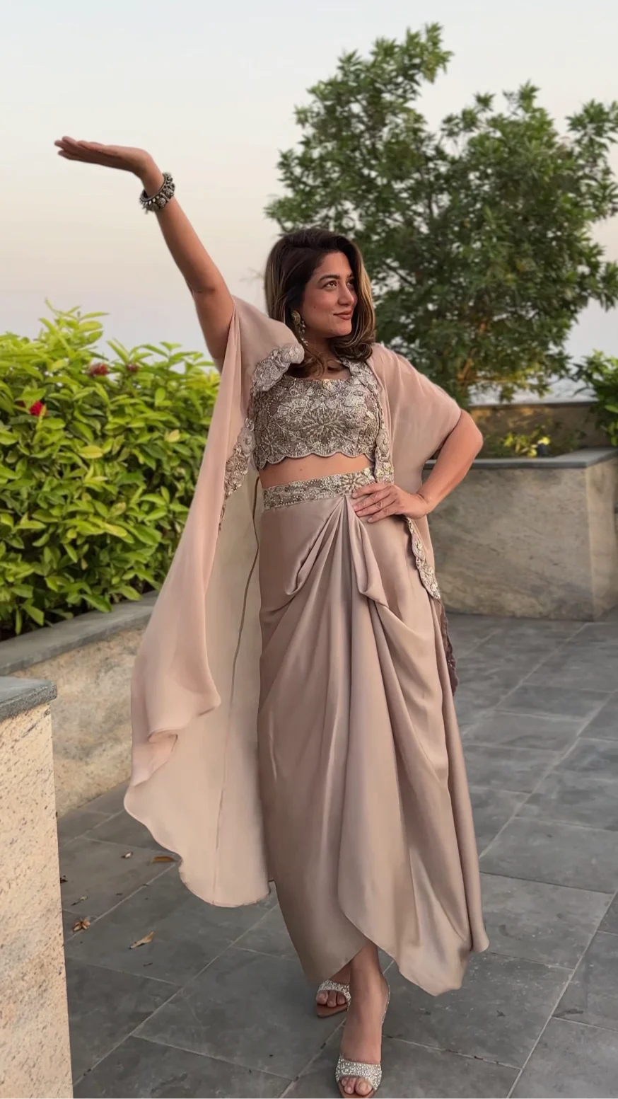 Shamsaad Begum Ivory Embroidered Draped Skirt Set