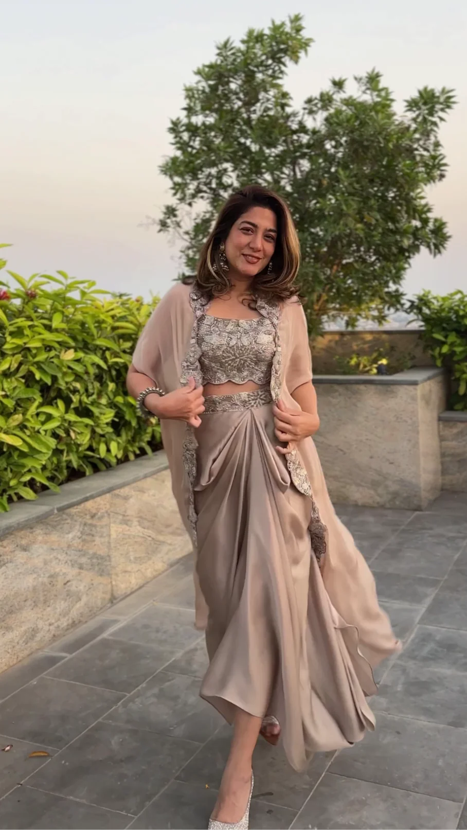 Shamsaad Begum Ivory Embroidered Draped Skirt Set
