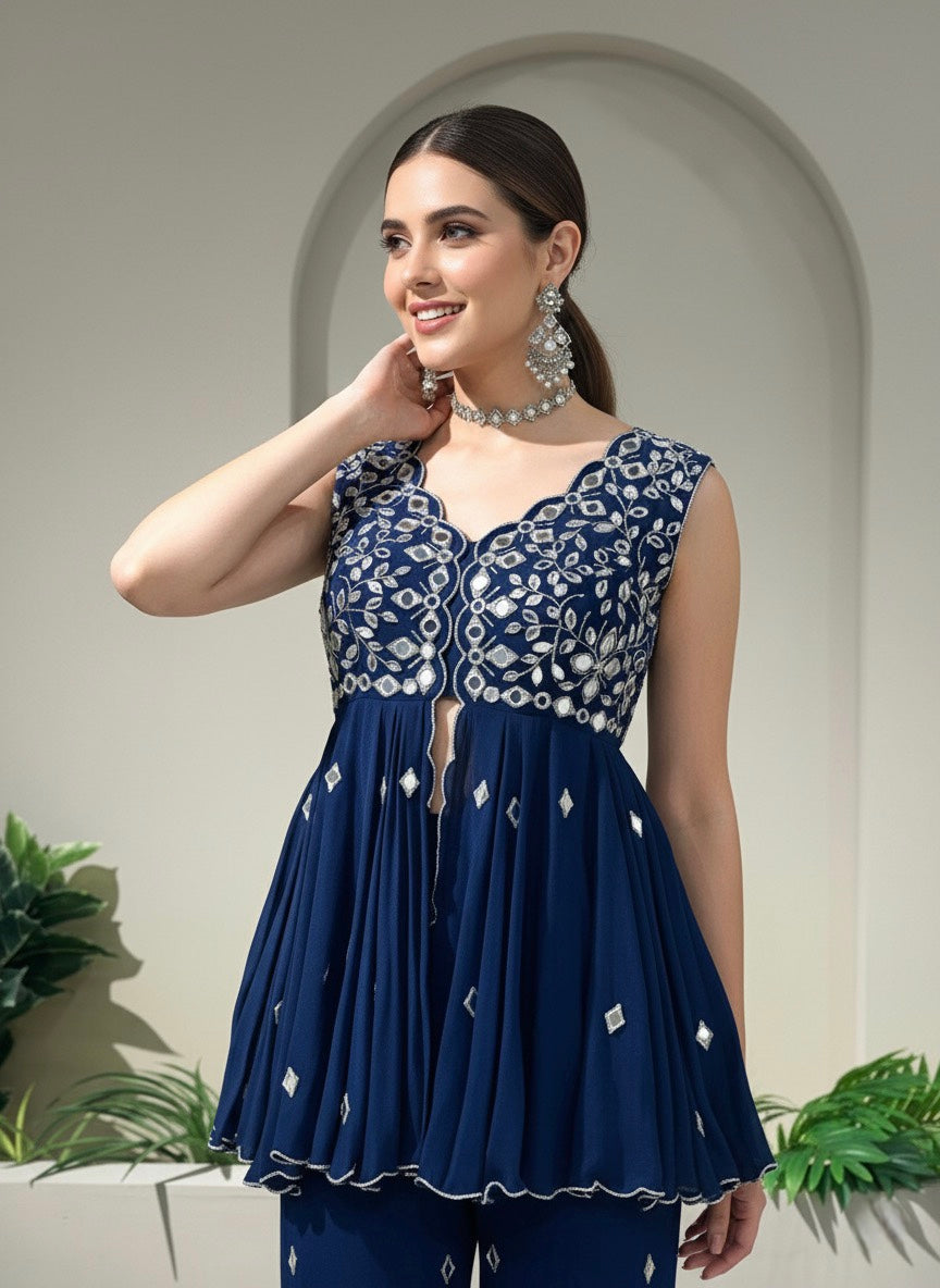 Crepe All Over Scalloped Kurti With New Biased Flared Pants