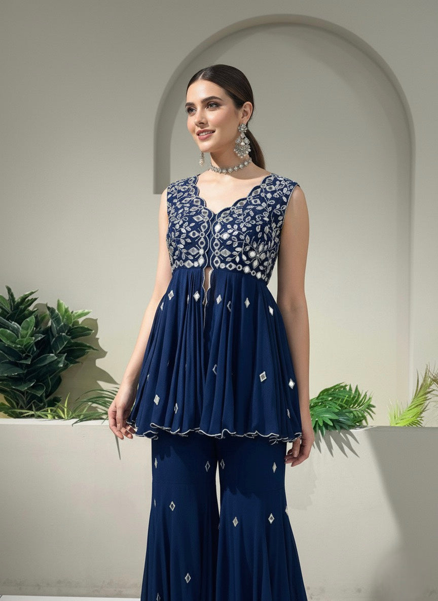 Crepe All Over Scalloped Kurti With New Biased Flared Pants