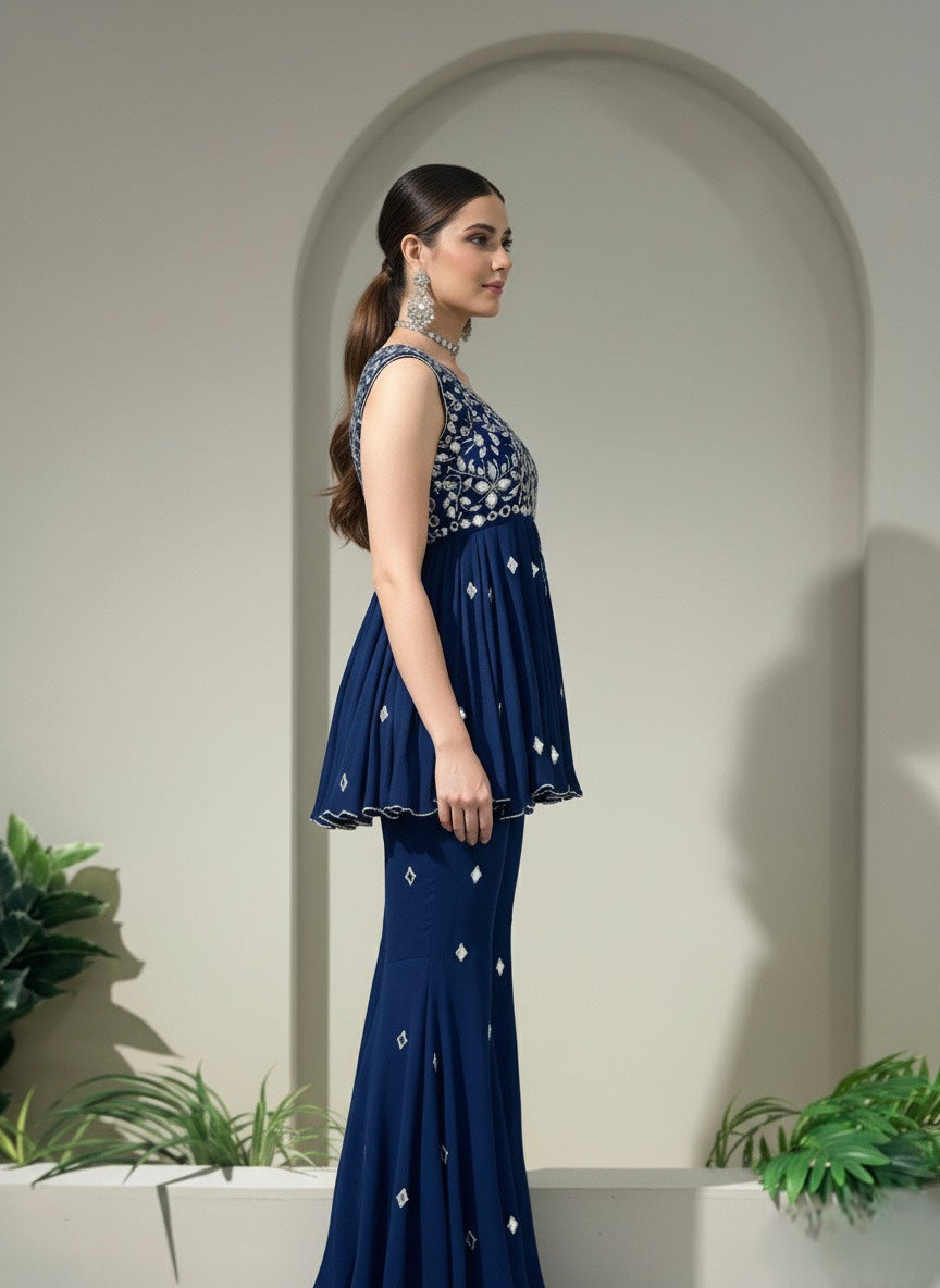 Crepe All Over Scalloped Kurti With New Biased Flared Pants