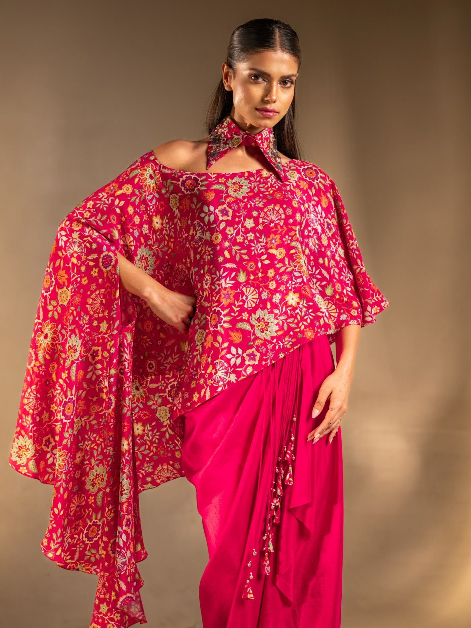 Gulabi Noor Pleated Skirt with Collar & Asymmetric Cape