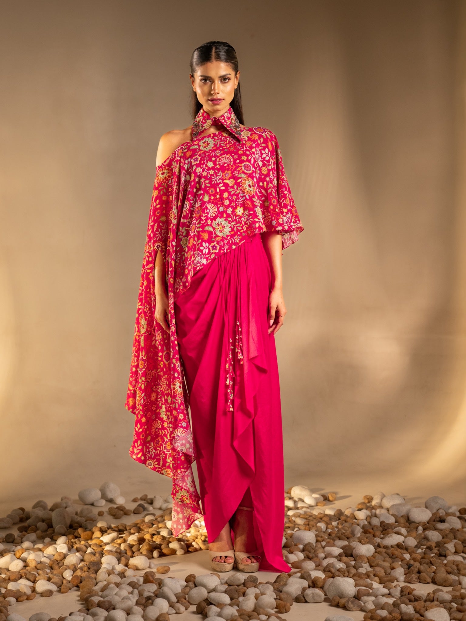 Gulabi Noor Pleated Skirt with Collar & Asymmetric Cape