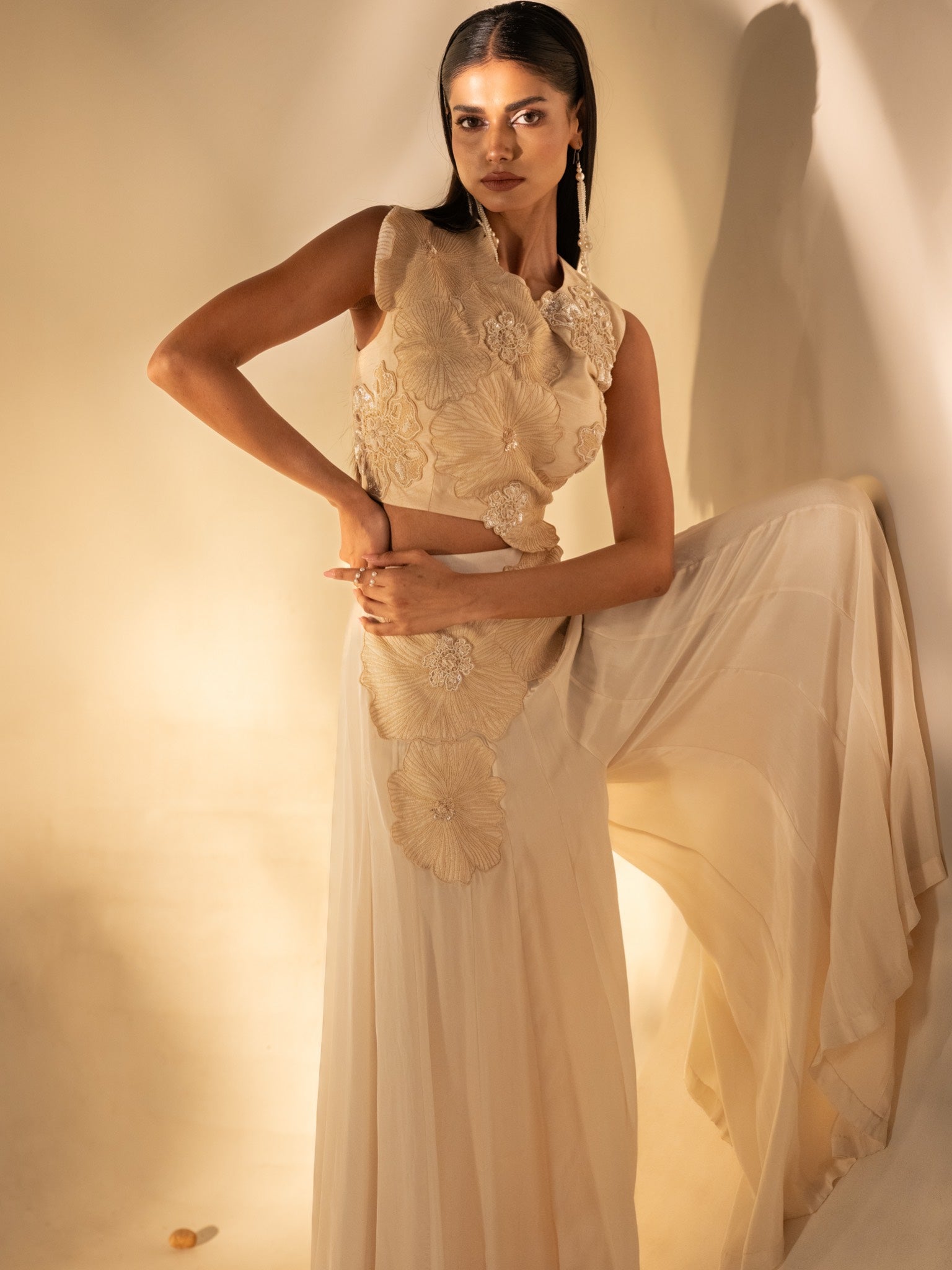 Bloom Reverie Applique Crop Top & Flared Pants