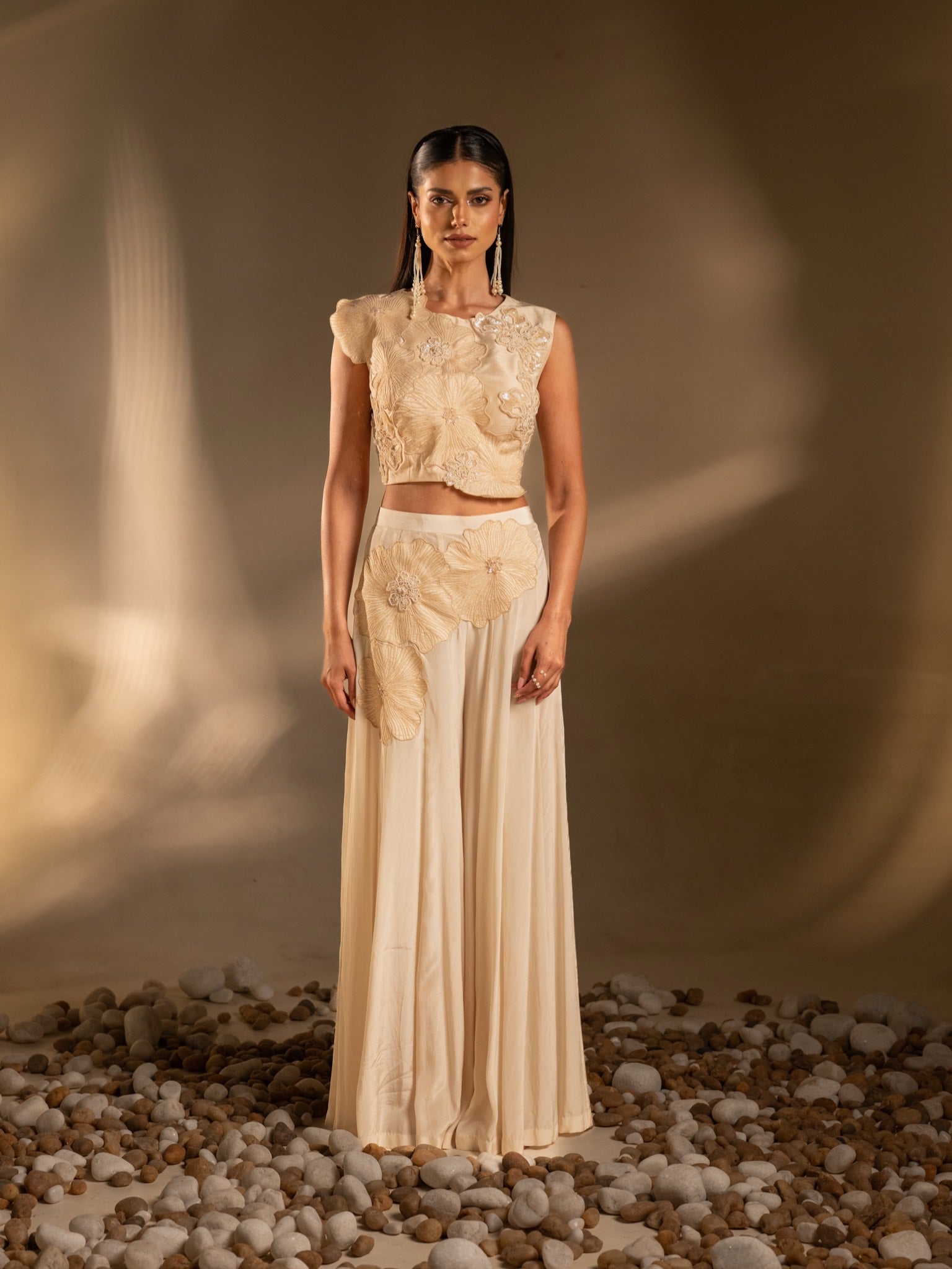 Bloom Reverie Applique Crop Top & Flared Pants