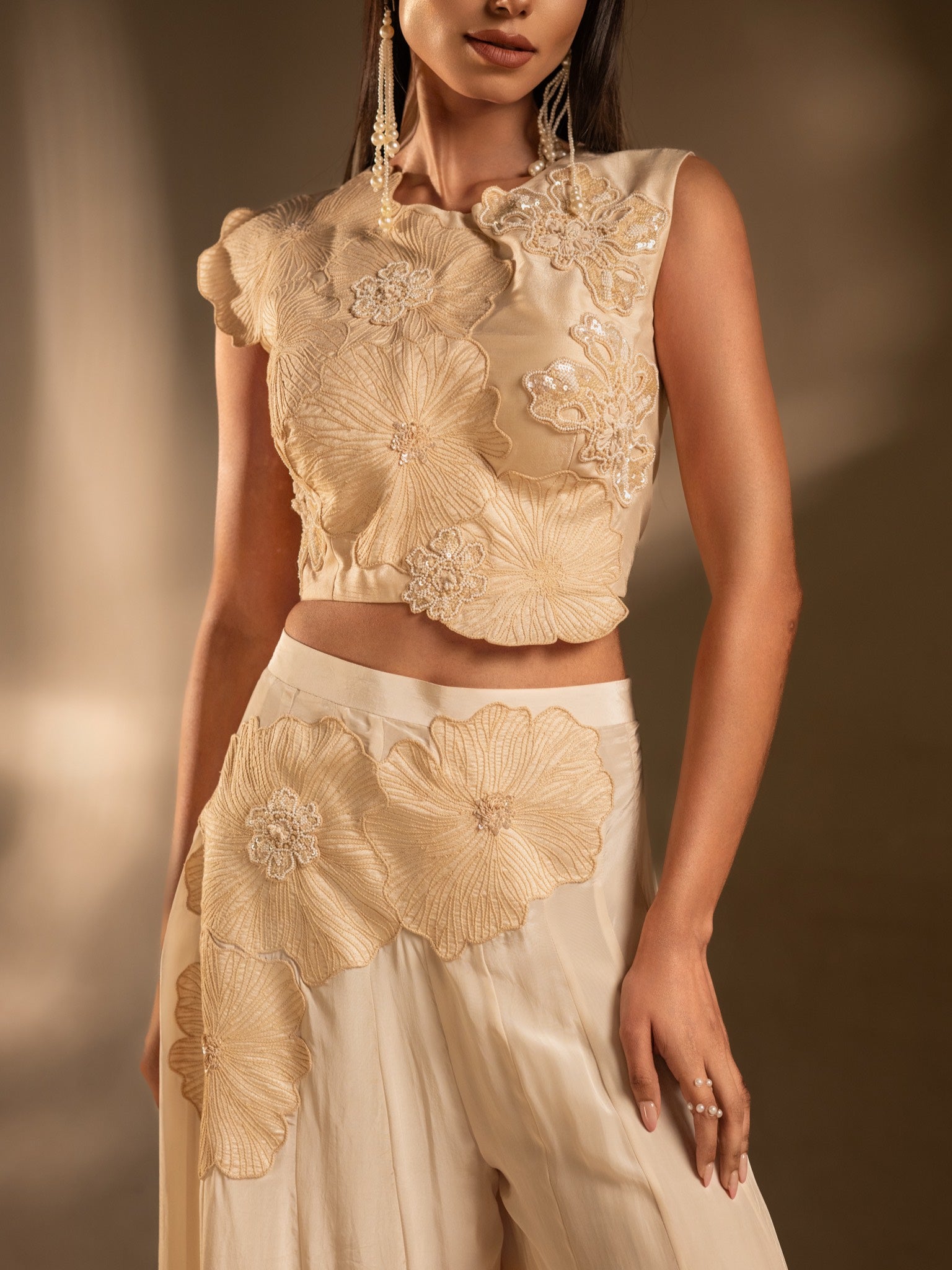 Bloom Reverie Applique Crop Top & Flared Pants