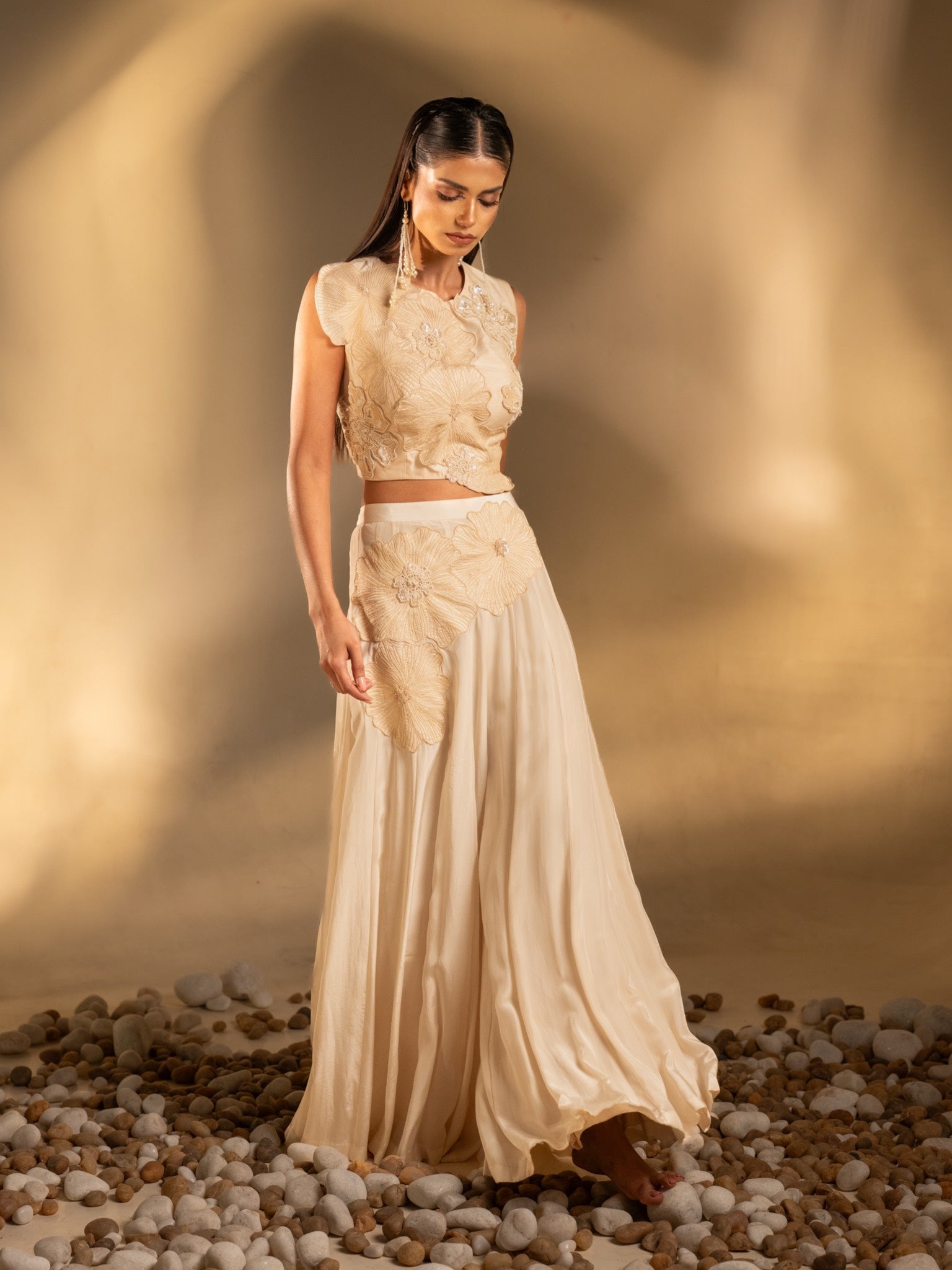 Bloom Reverie Applique Crop Top & Flared Pants