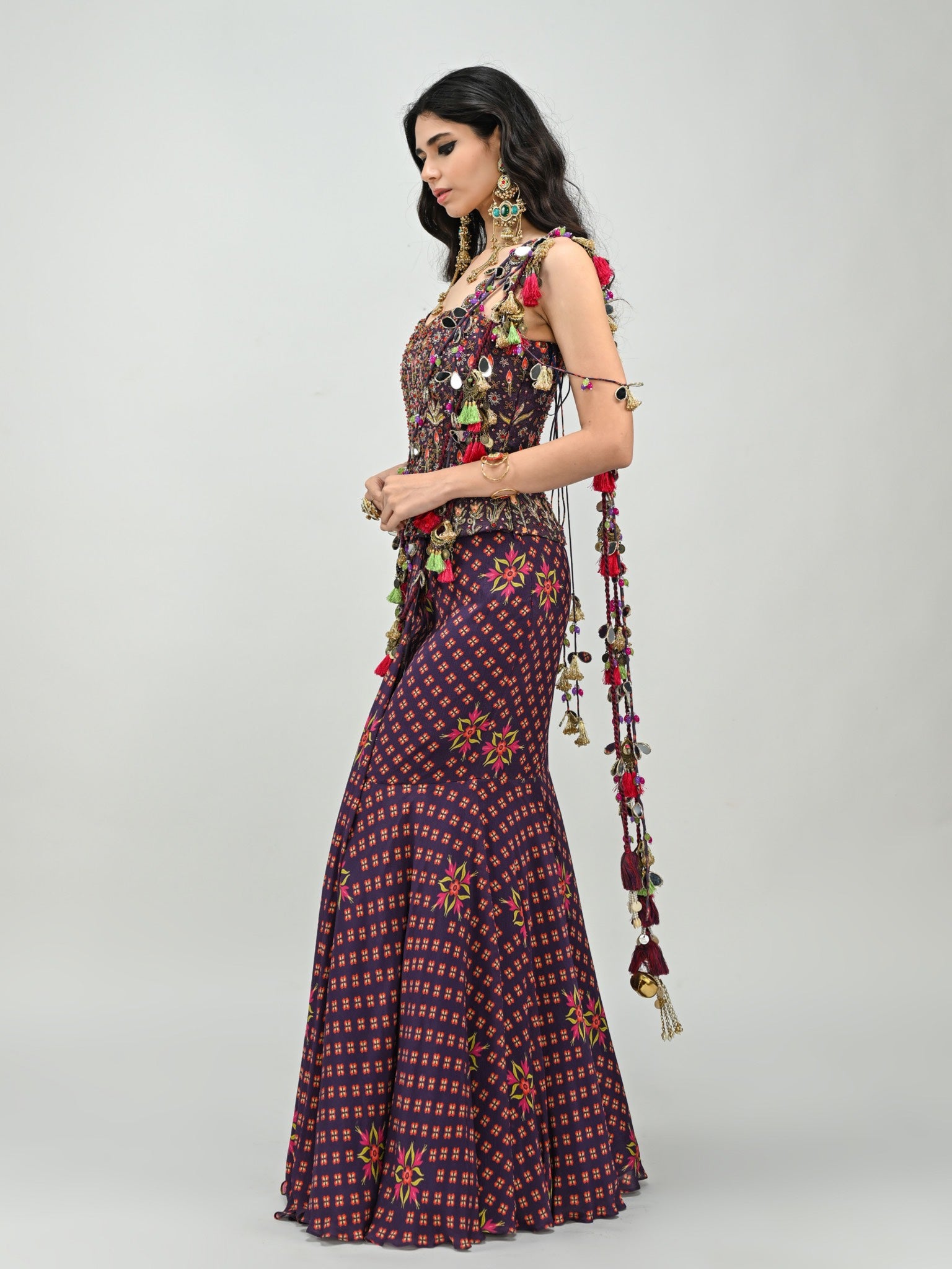 Plum Peplum Prestitched Tassel Saree with Badla Embroidery Plum Corset