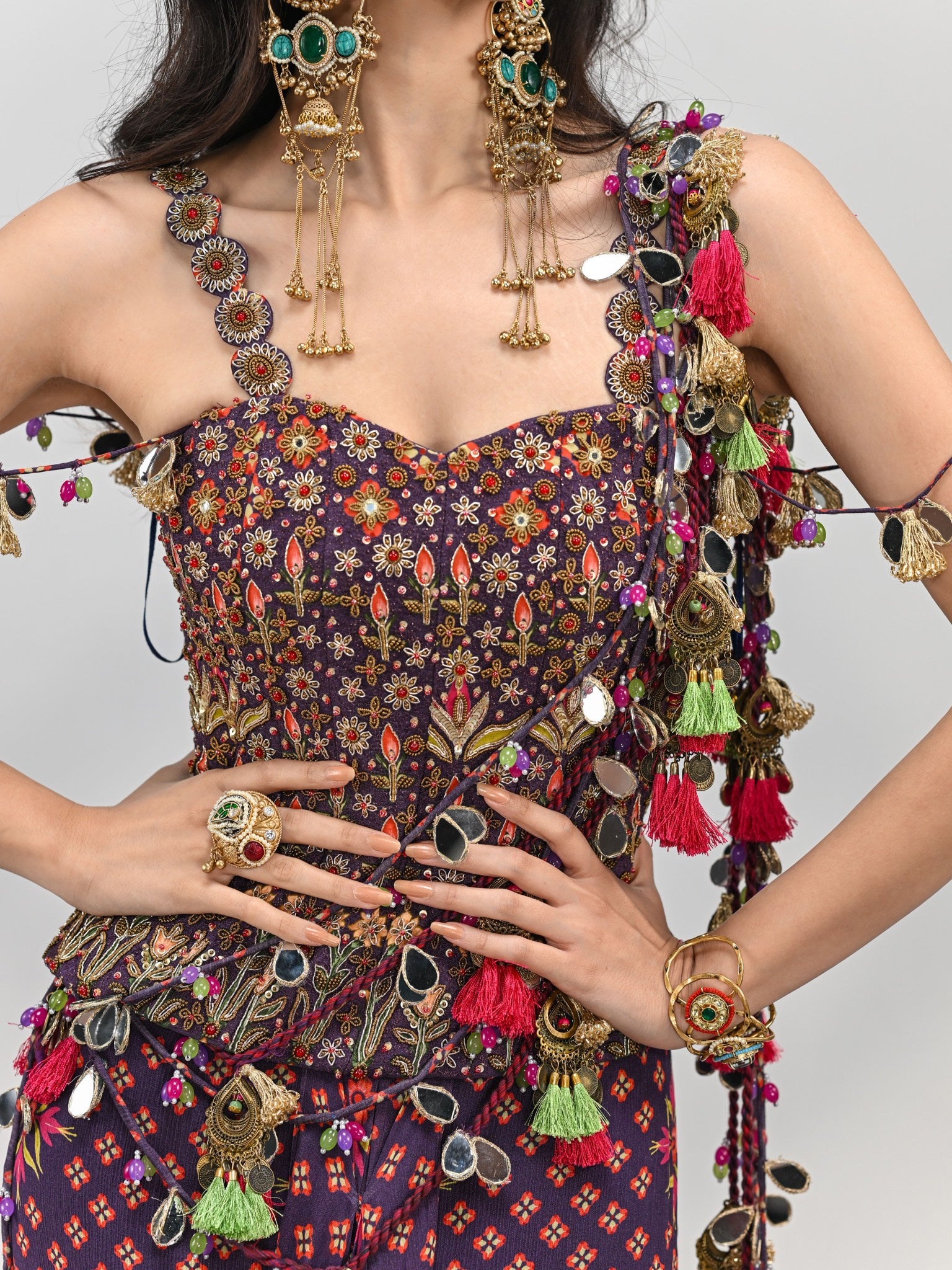 Plum Peplum Prestitched Tassel Saree with Badla Embroidery Plum Corset