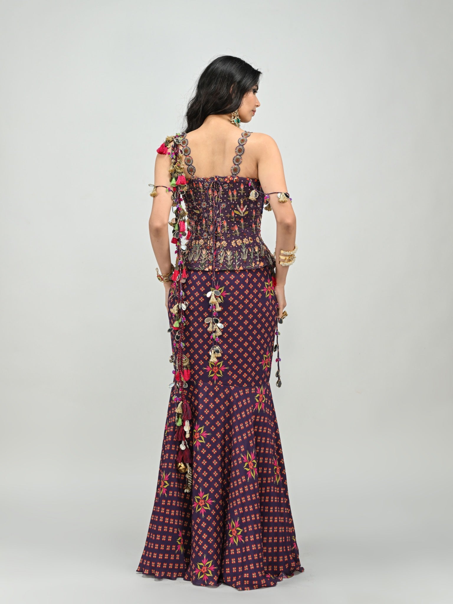 Plum Peplum Prestitched Tassel Saree with Badla Embroidery Plum Corset