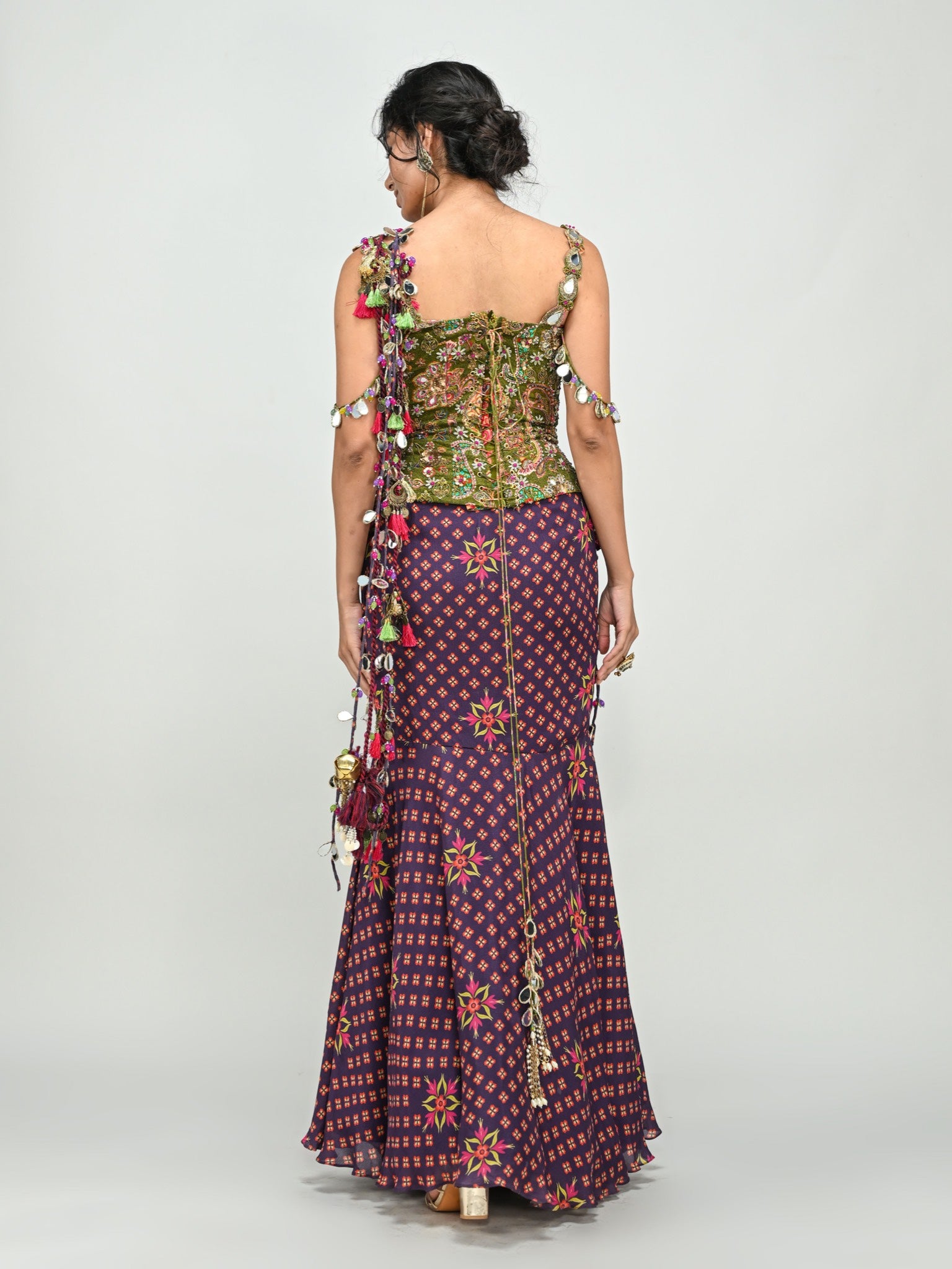 Plum Prestitched Tassel Saree with Olive Badla Embroidery Corset