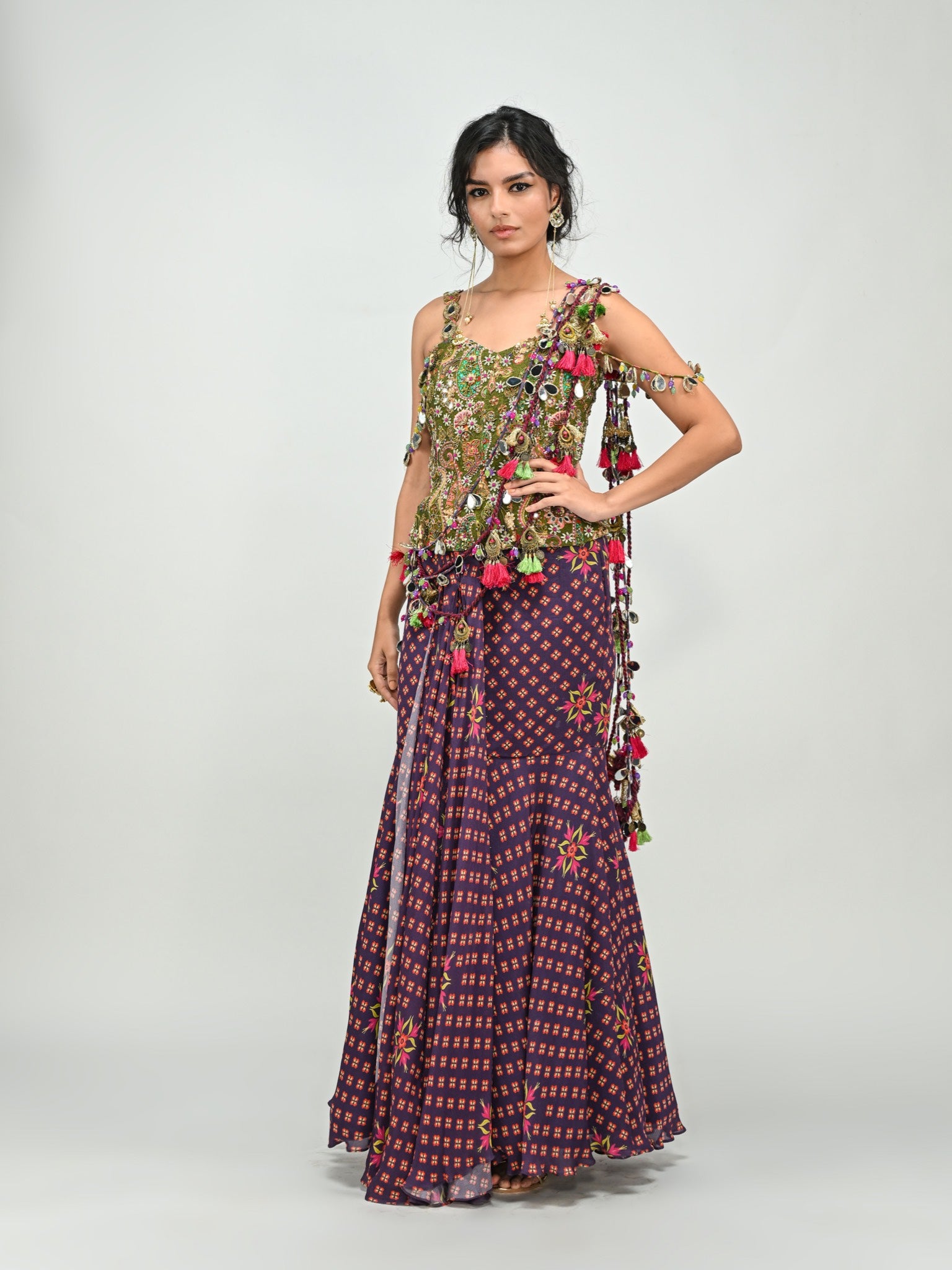 Plum Prestitched Tassel Saree with Olive Badla Embroidery Corset