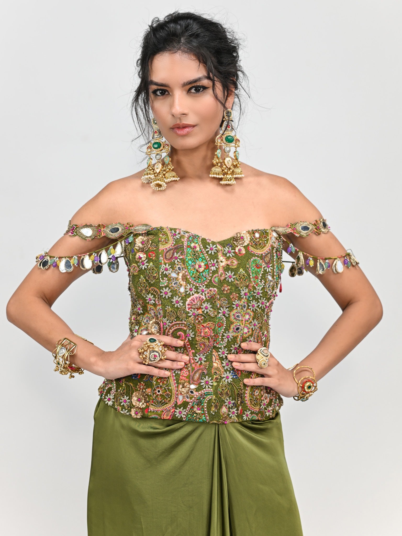 Olive Green Badla Embroidery Corset with Dhoti Skirt Set