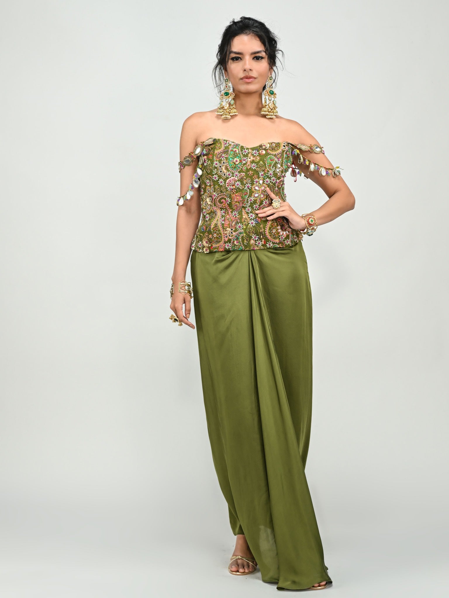 Olive Green Badla Embroidery Corset with Dhoti Skirt Set