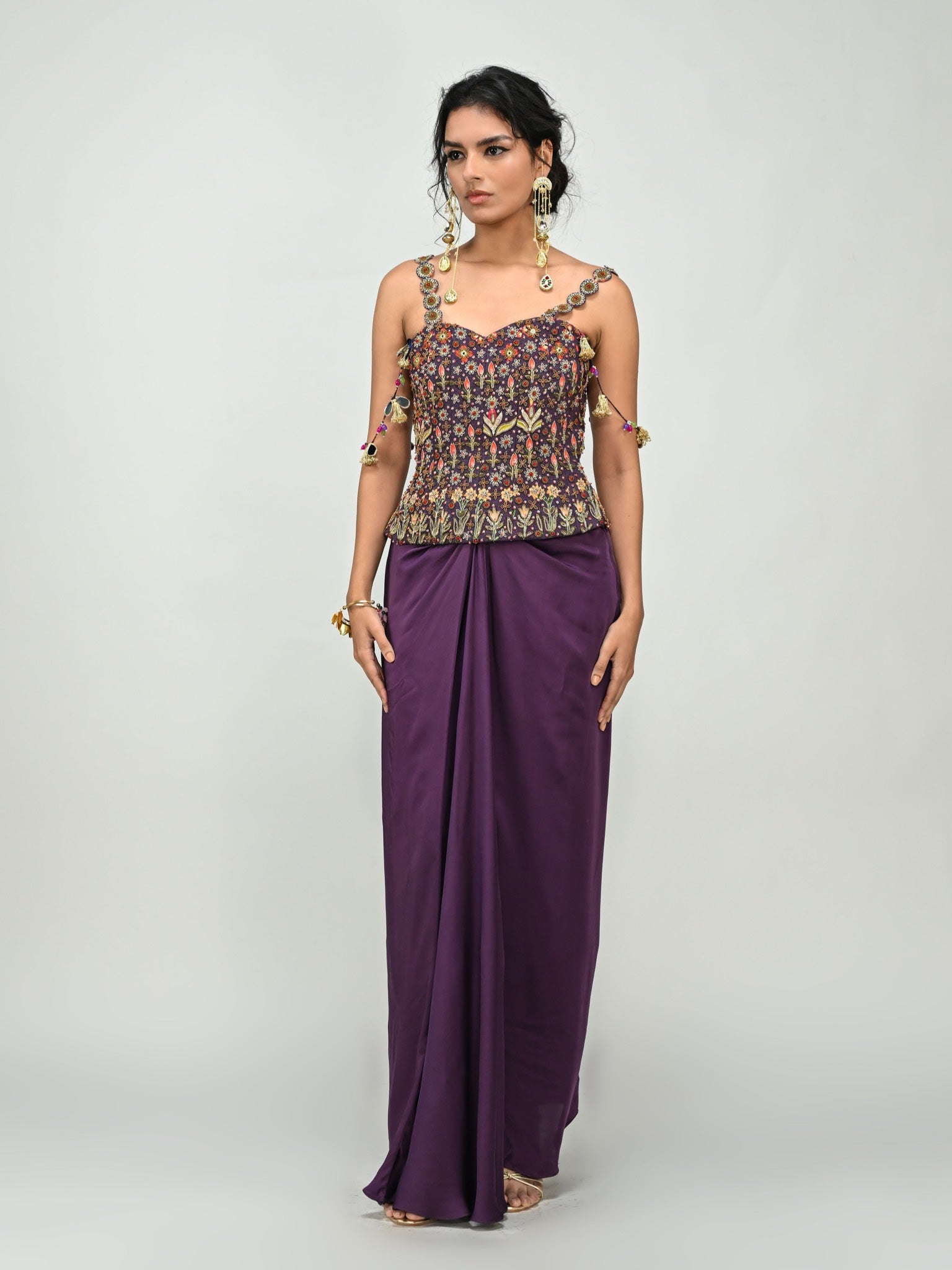 Plum Badla Embroidery Corset with Dhoti Skirt Set