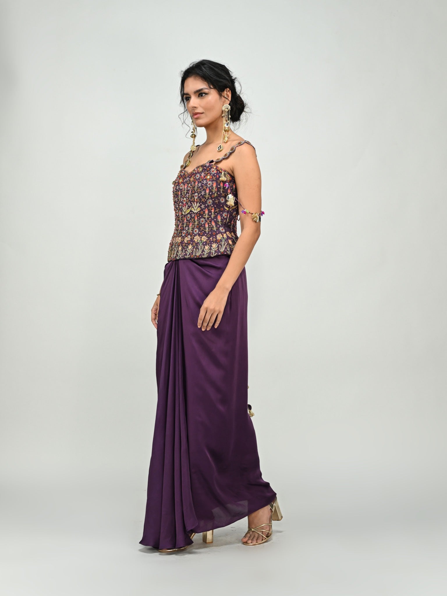 Plum Badla Embroidery Corset with Dhoti Skirt Set