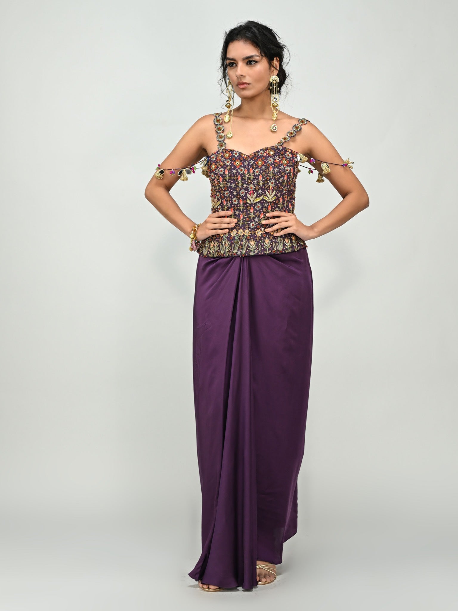 Plum Badla Embroidery Corset with Dhoti Skirt Set