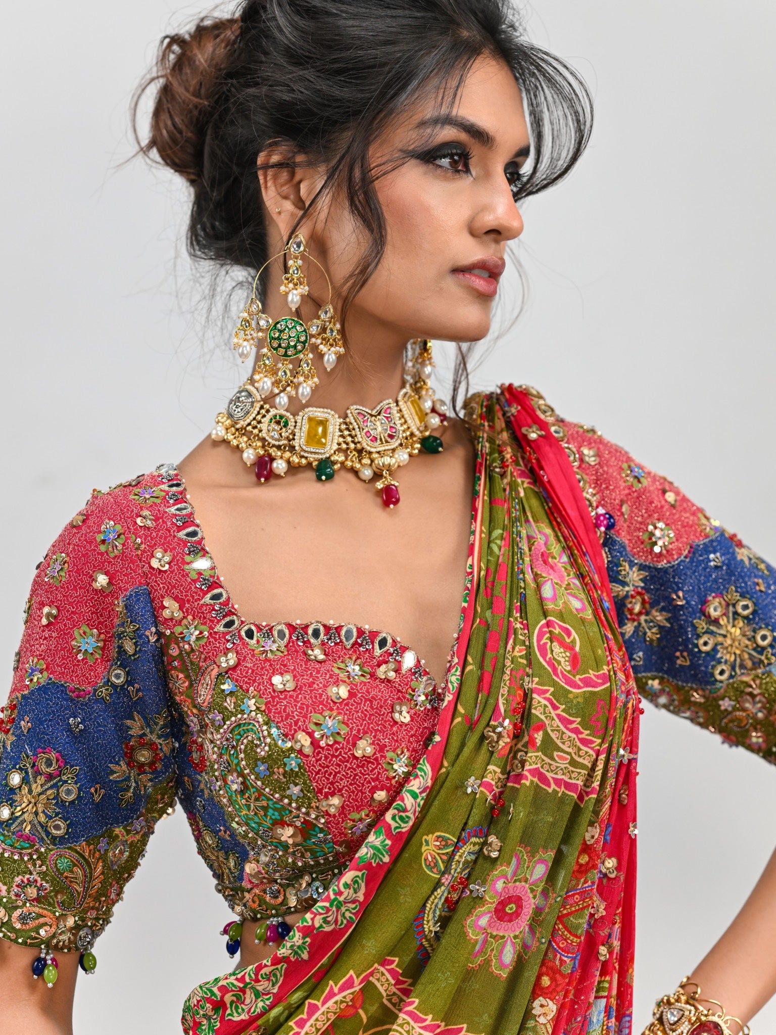 Olive Dual Prestitched Saree Paired with Patch Blouse