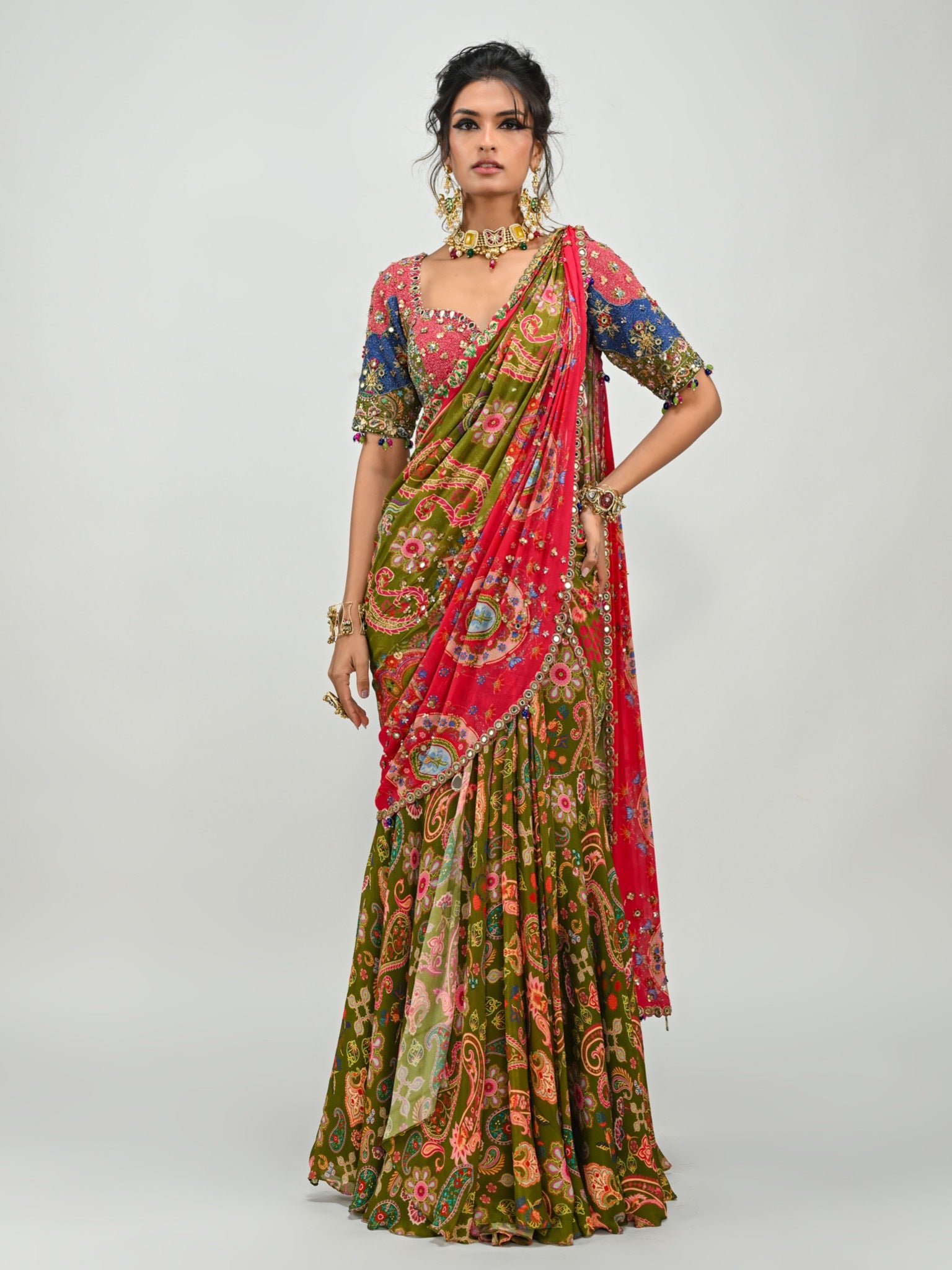 Olive Dual Prestitched Saree Paired with Patch Blouse