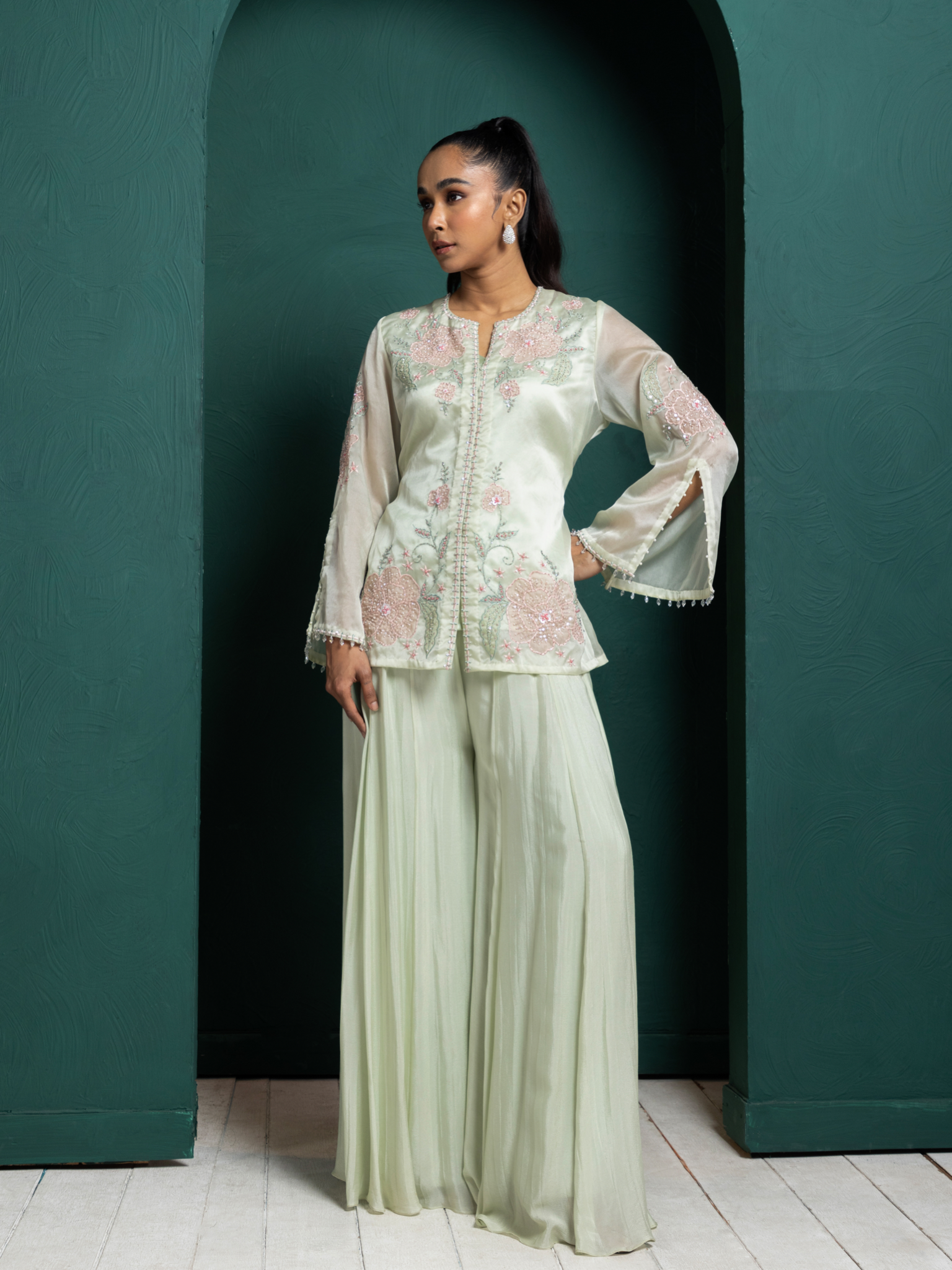 Mint Whisper Embroidered Jacket Set