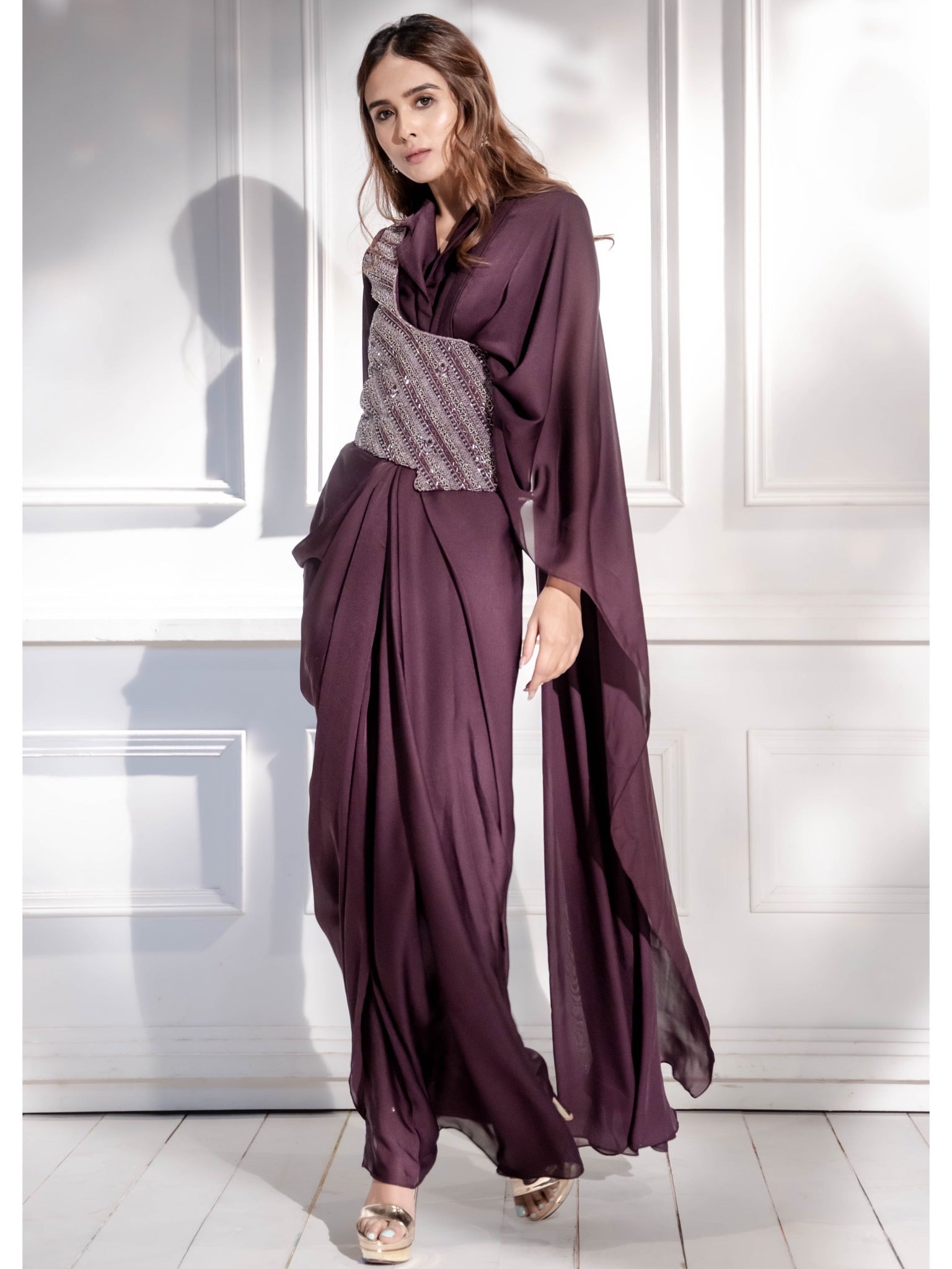 Wine Saree With Belt