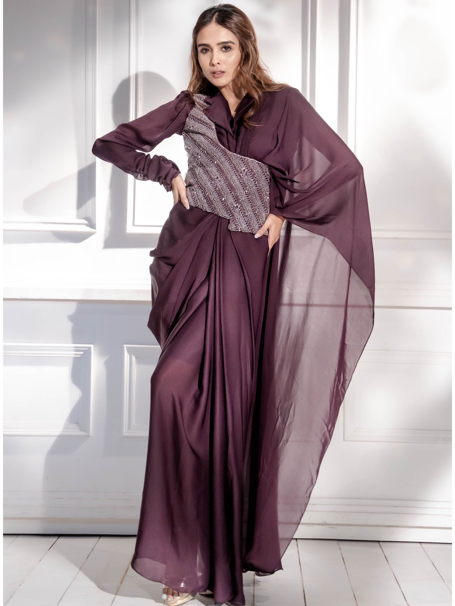 Wine Saree With Belt