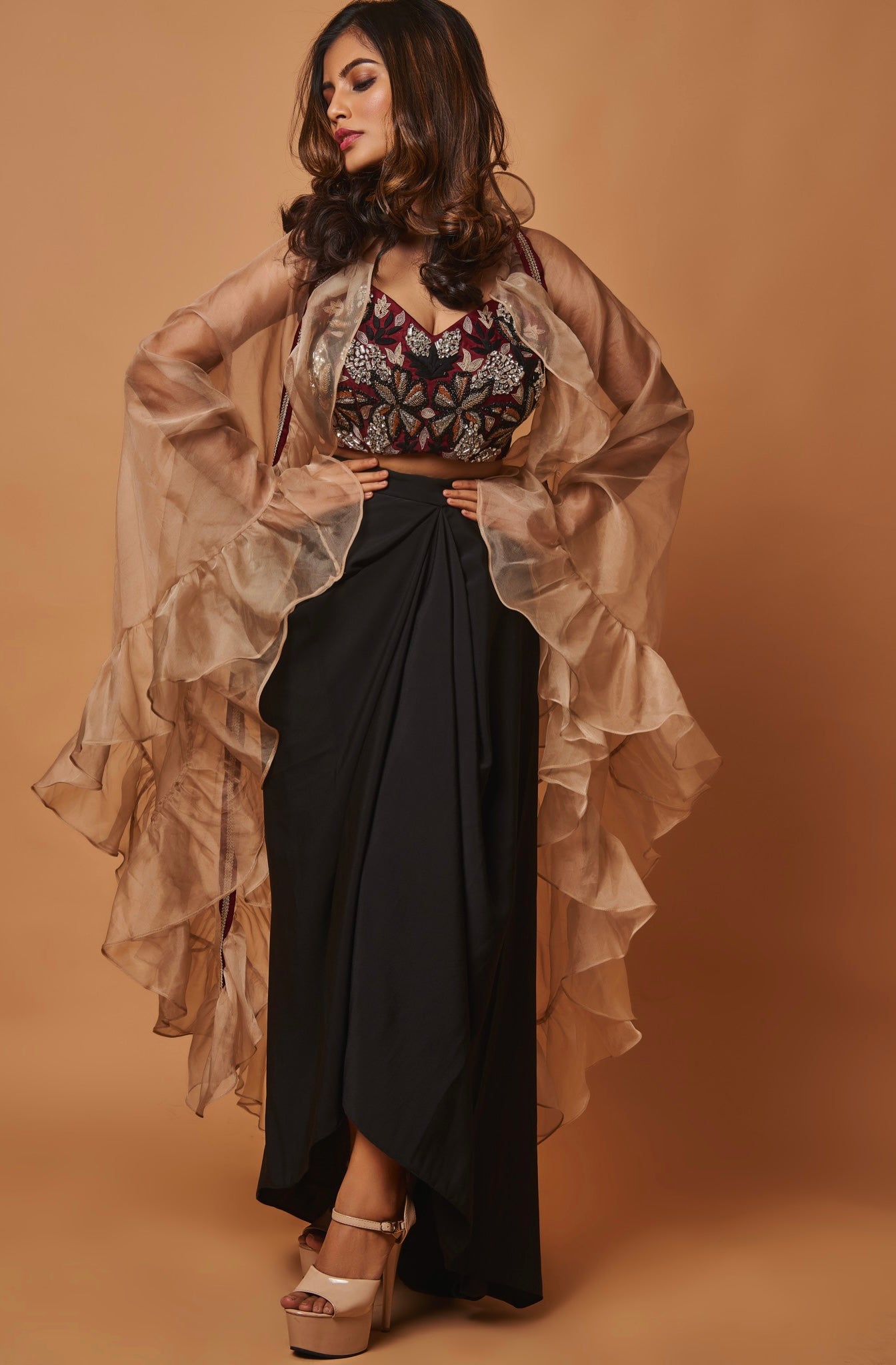 Embroidered Three-Piece Set With Ruffle Cape