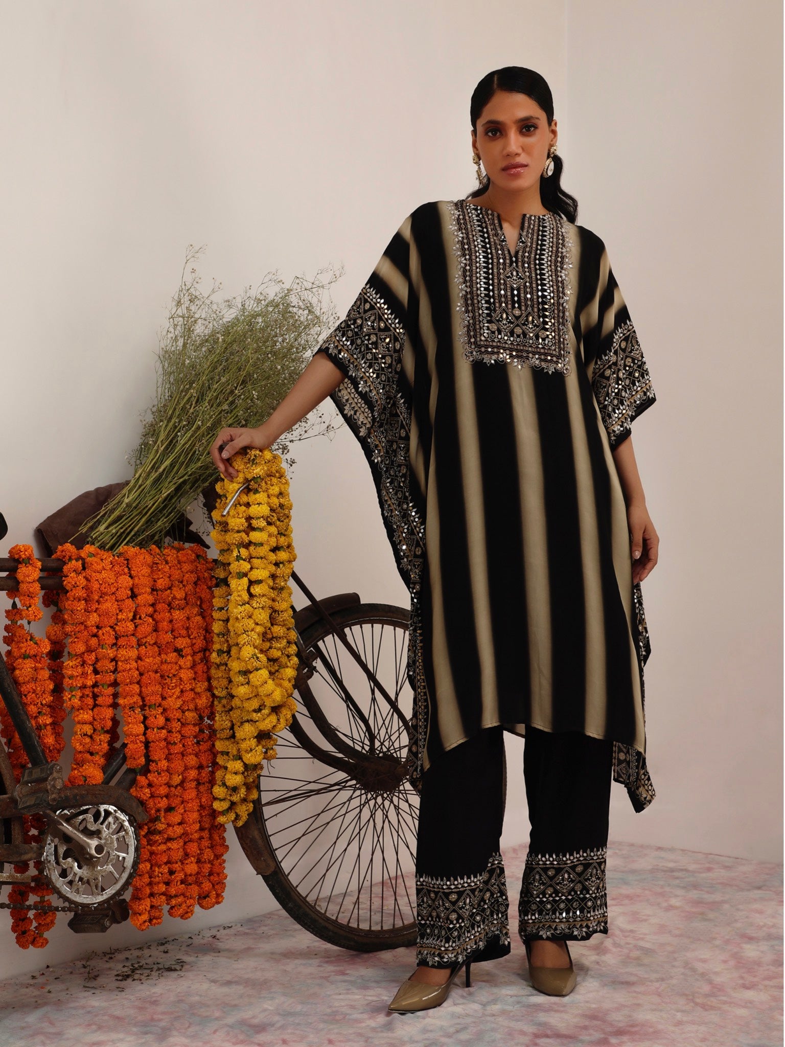 Aanchal Jain in Salma Sitara Black & Beige Kaftan Set