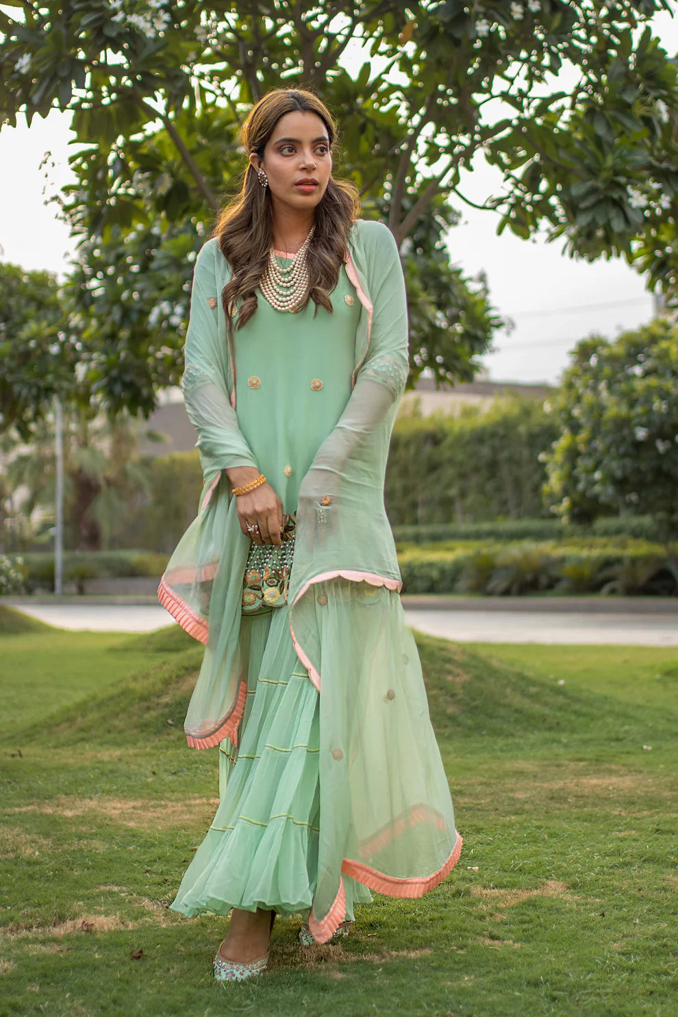 Green Embroidered Gharara Set
