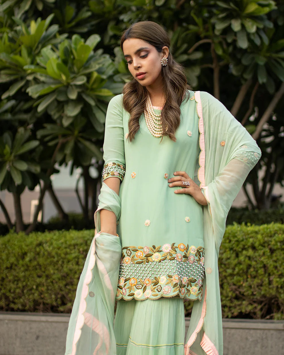 Green Embroidered Gharara Set