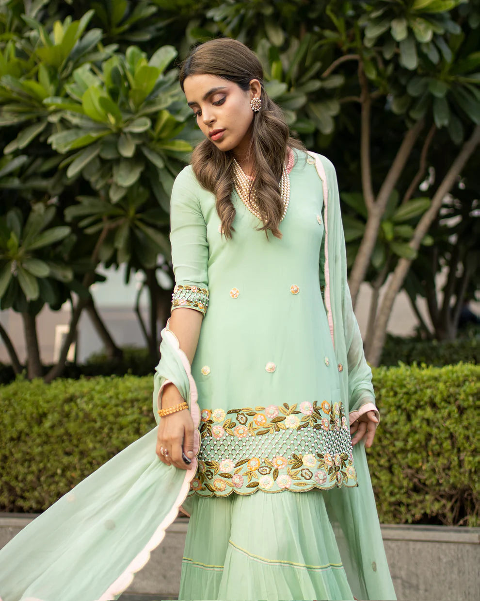 Green Embroidered Gharara Set
