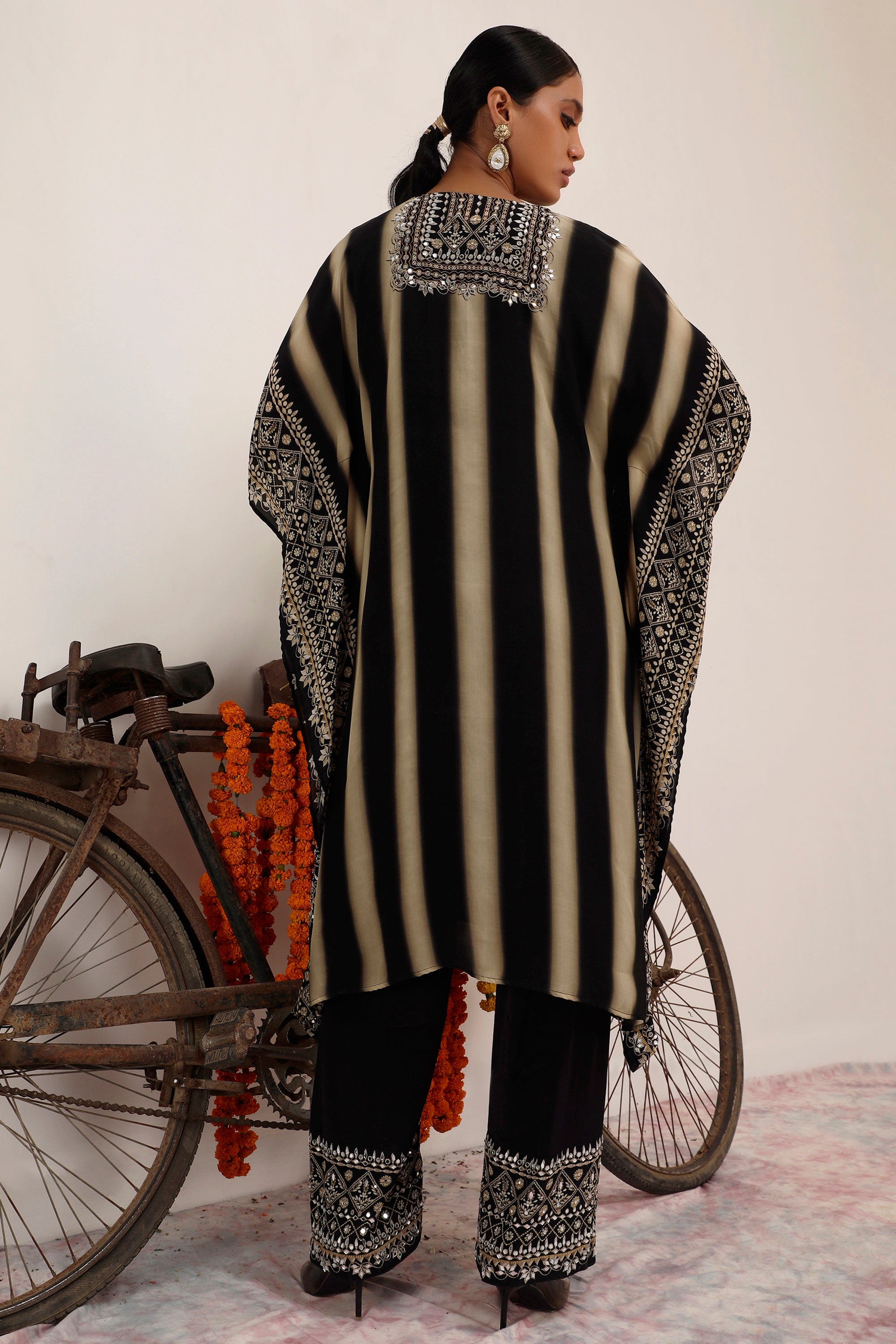 Aanchal Jain in Salma Sitara Black & Beige Kaftan Set