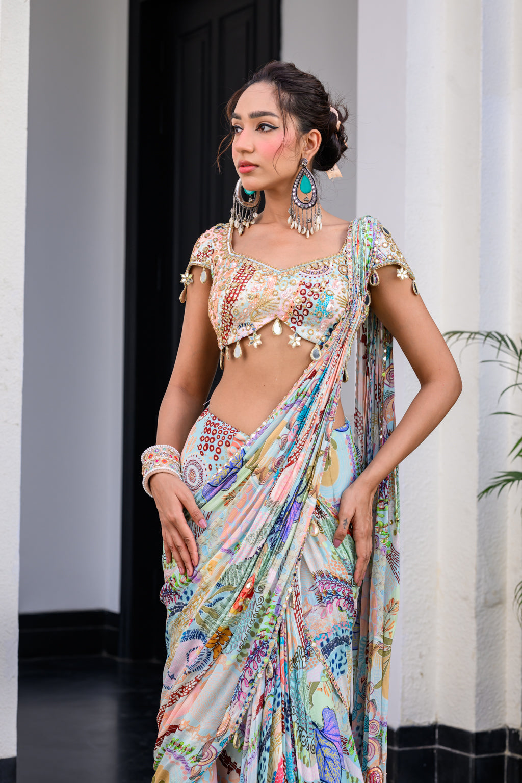 Gardenia Highlighted Pre Drape Saree Set