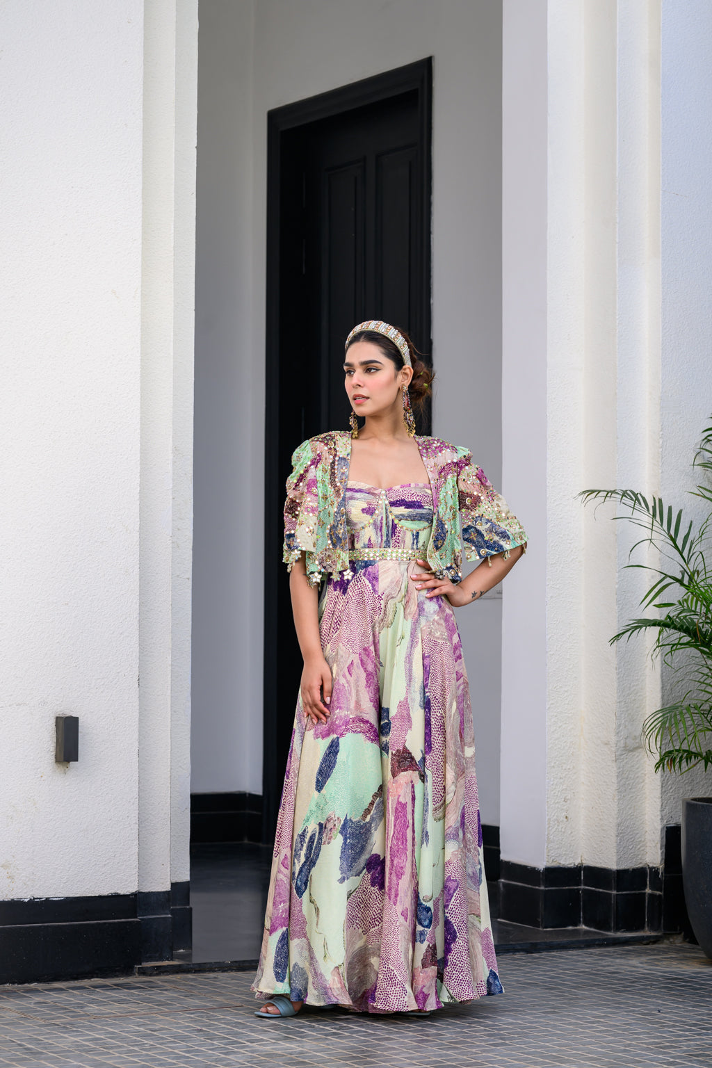 Eden Jump Suit Paidawn With Cape Jacket Set