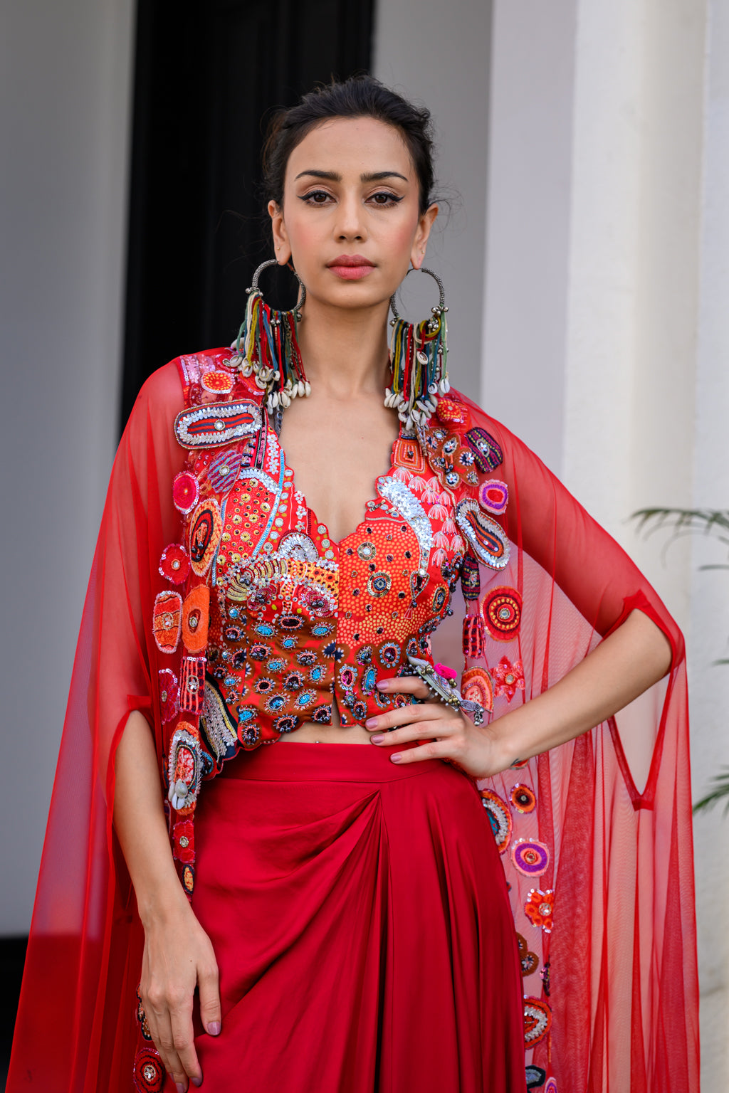 Dawn Jacket And Dhoti Skirt Set Paidawn With Hand Applique Cape