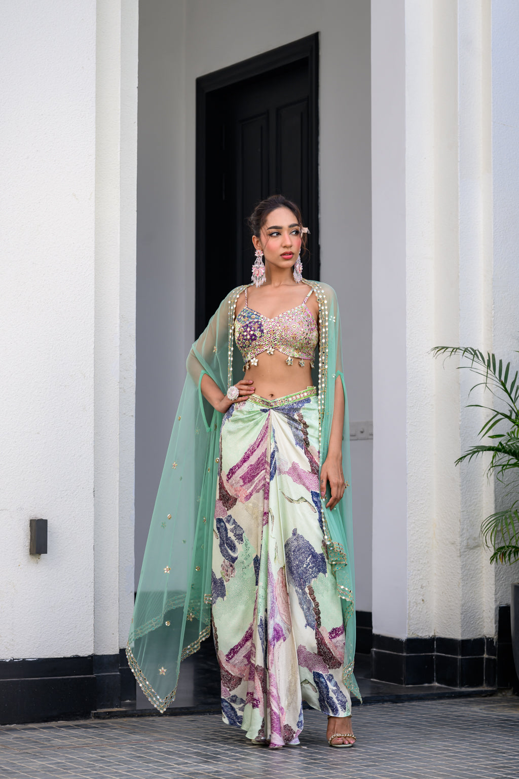 Eden Highlighted Bralette With Mirror Work Paidawn With Dhoti Skirt And Cape
