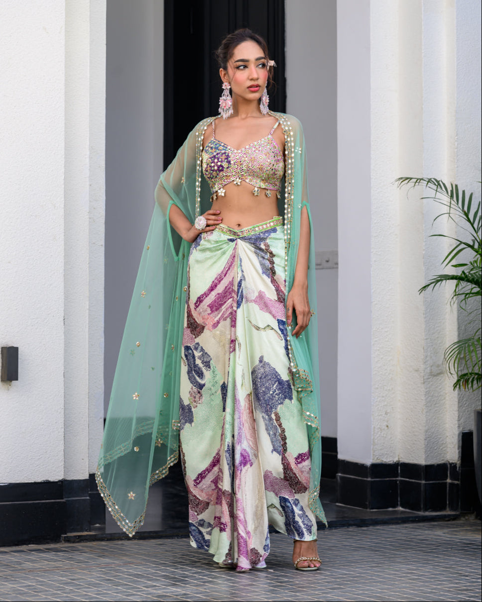 Eden Highlighted Bralette With Mirror Work Paidawn With Dhoti Skirt And Cape