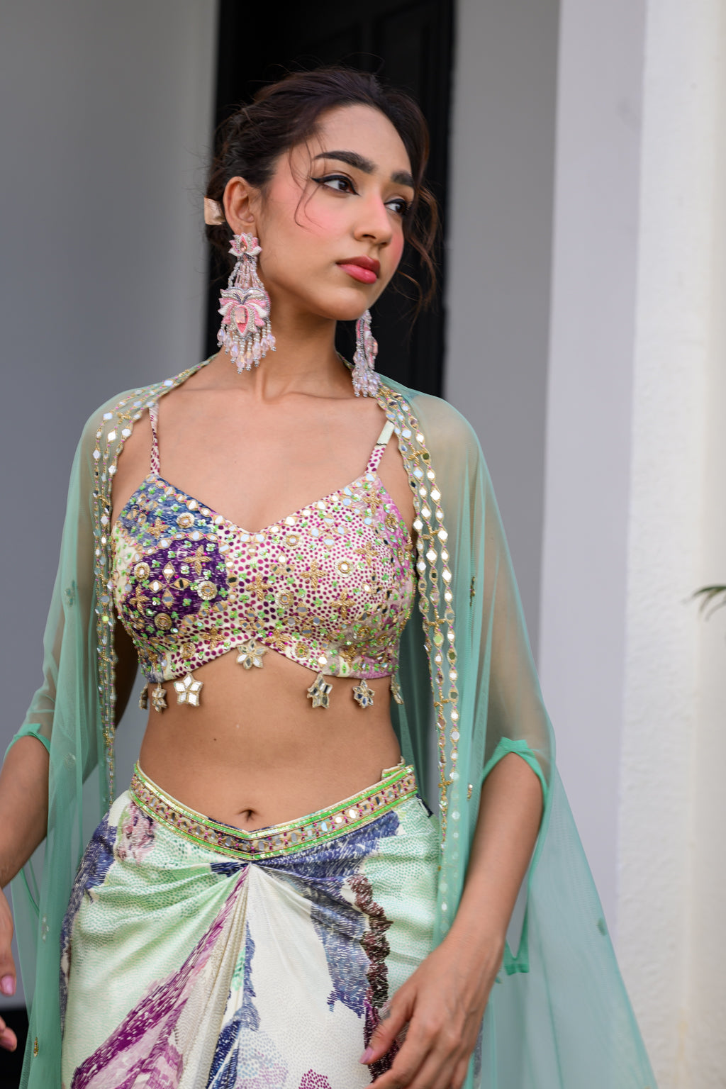 Eden Highlighted Bralette With Mirror Work Paidawn With Dhoti Skirt And Cape