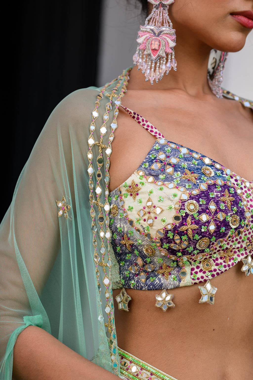 Eden Highlighted Bralette With Mirror Work Paidawn With Dhoti Skirt And Cape