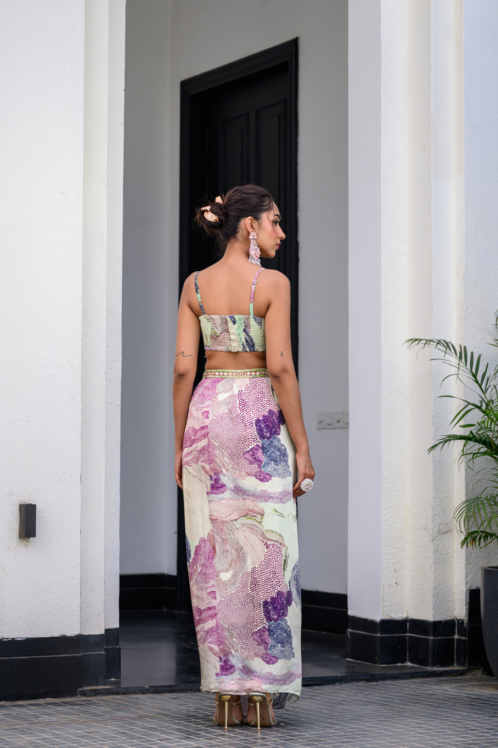 Eden Highlighted Bralette With Mirror Work Paidawn With Dhoti Skirt And Cape