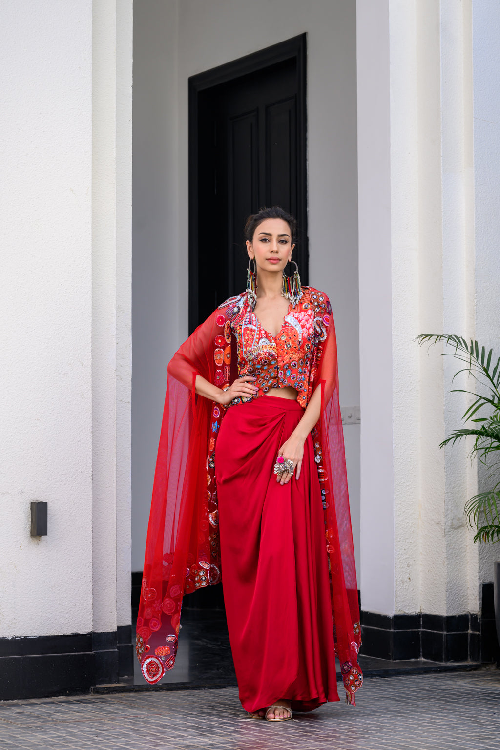 Dawn Jacket And Dhoti Skirt Set Paidawn With Hand Applique Cape