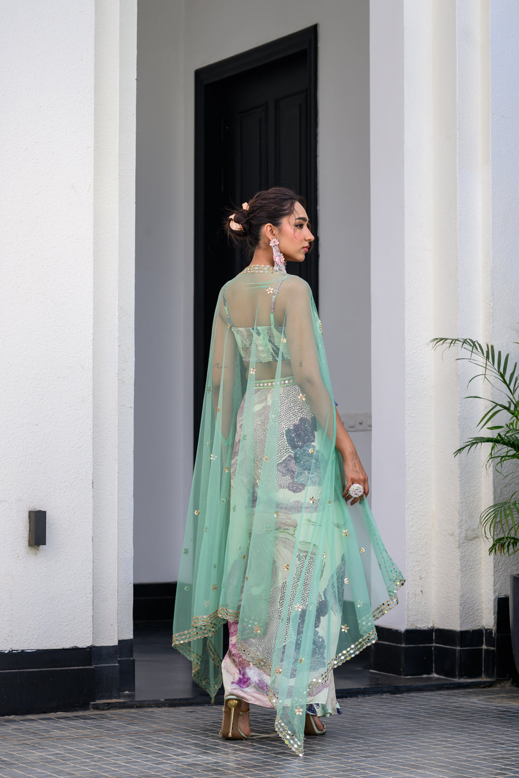 Eden Highlighted Bralette With Mirror Work Paidawn With Dhoti Skirt And Cape