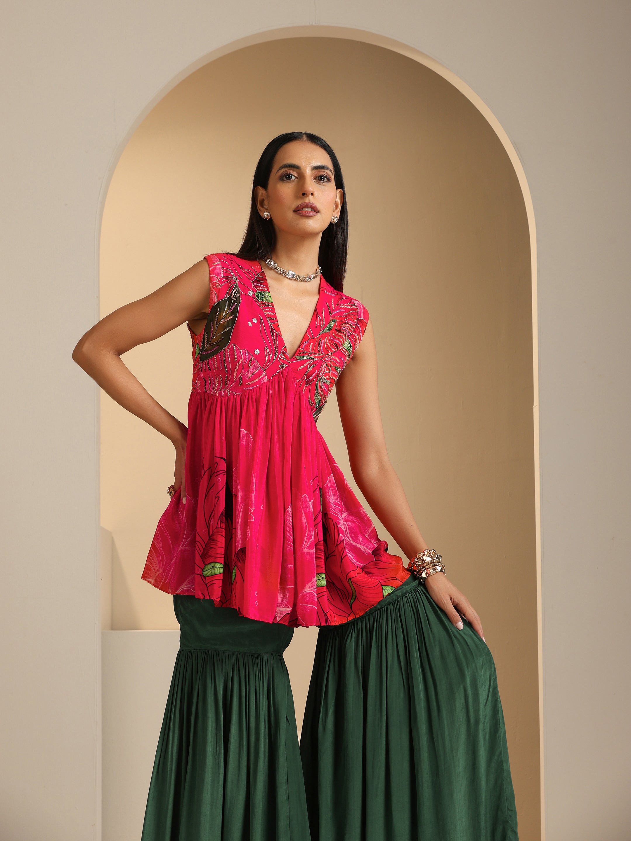 Nargis Embroidered Peplum Top with Sharara Set