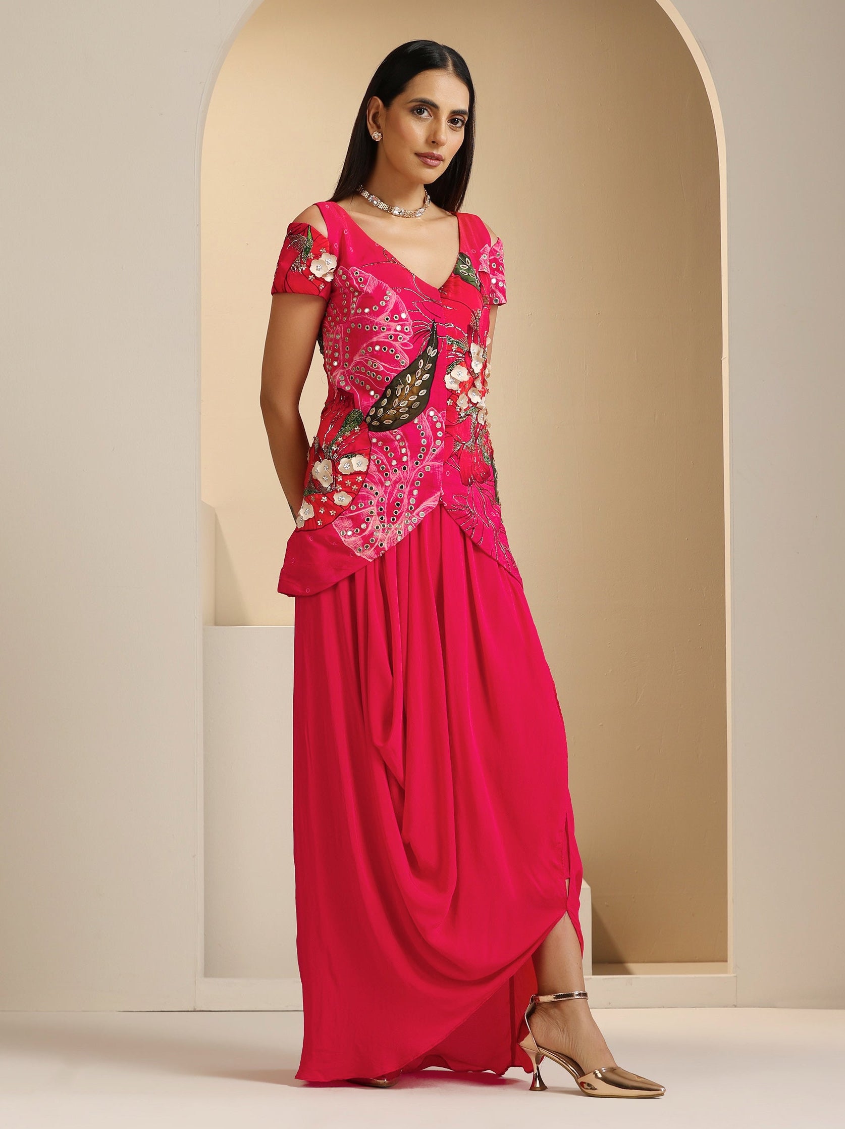 Safaa Hand Embroidered Jacket with Draped Skirt