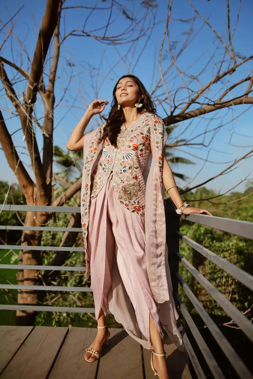 Curious Components | Peony Pink Embroidered Top & Dhoti Set with Cape