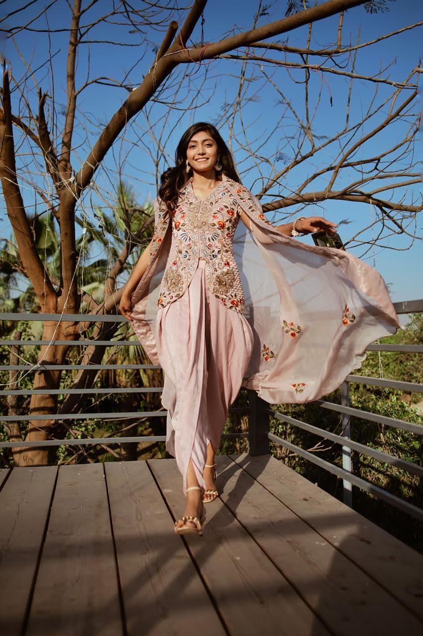 Curious Components | Peony Pink Embroidered Top & Dhoti Set with Cape