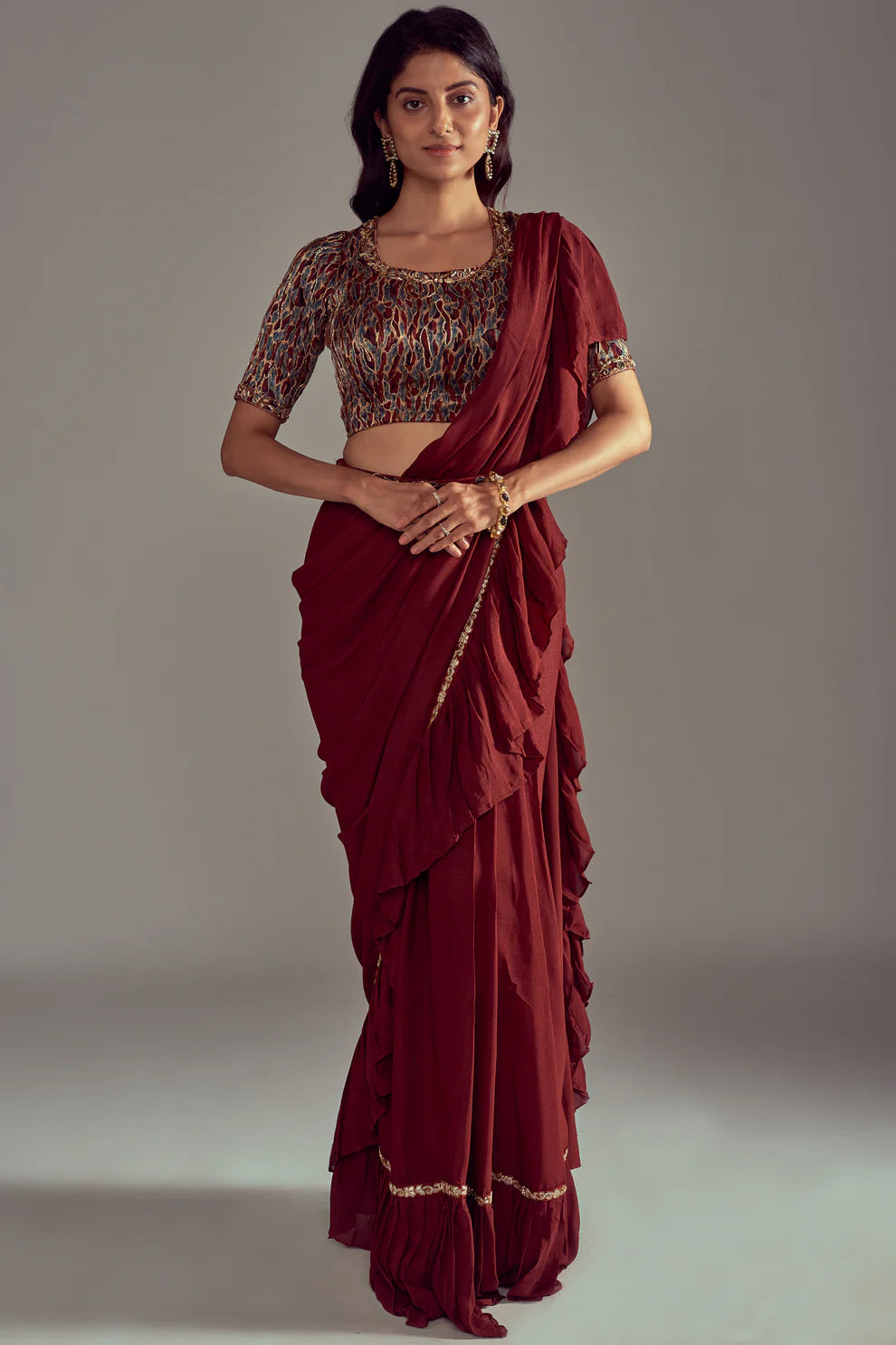 Varundhara Ajrakh Ruffled Saree