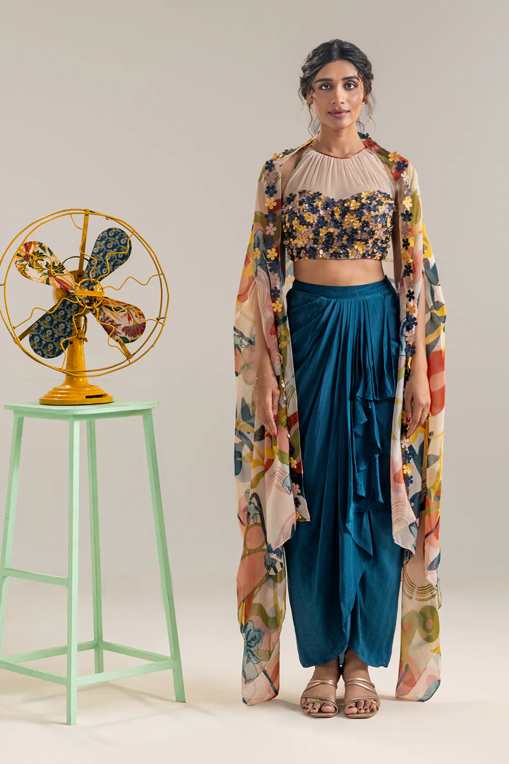 Flora Embroidered Drape Skirt Set With Cape